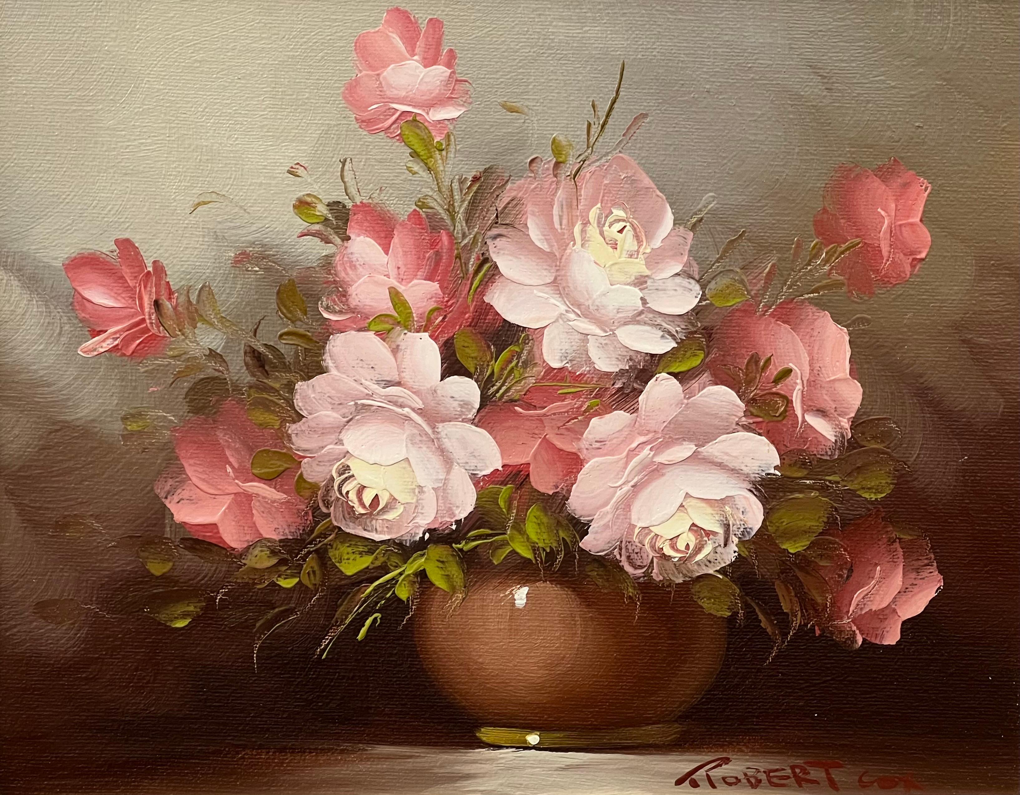 Stilleben einer Vase mit rosa, roten und weißen Rosen des amerikanischen Künstlers des 20. Jahrhunderts, Robert Cox (1934-2001)

Kunst misst 7,5 x 9,5 Zoll (ungerahmt)
Einrahmung nach Vereinbarung

Der preisgekrönte amerikanische Künstler Robert Cox