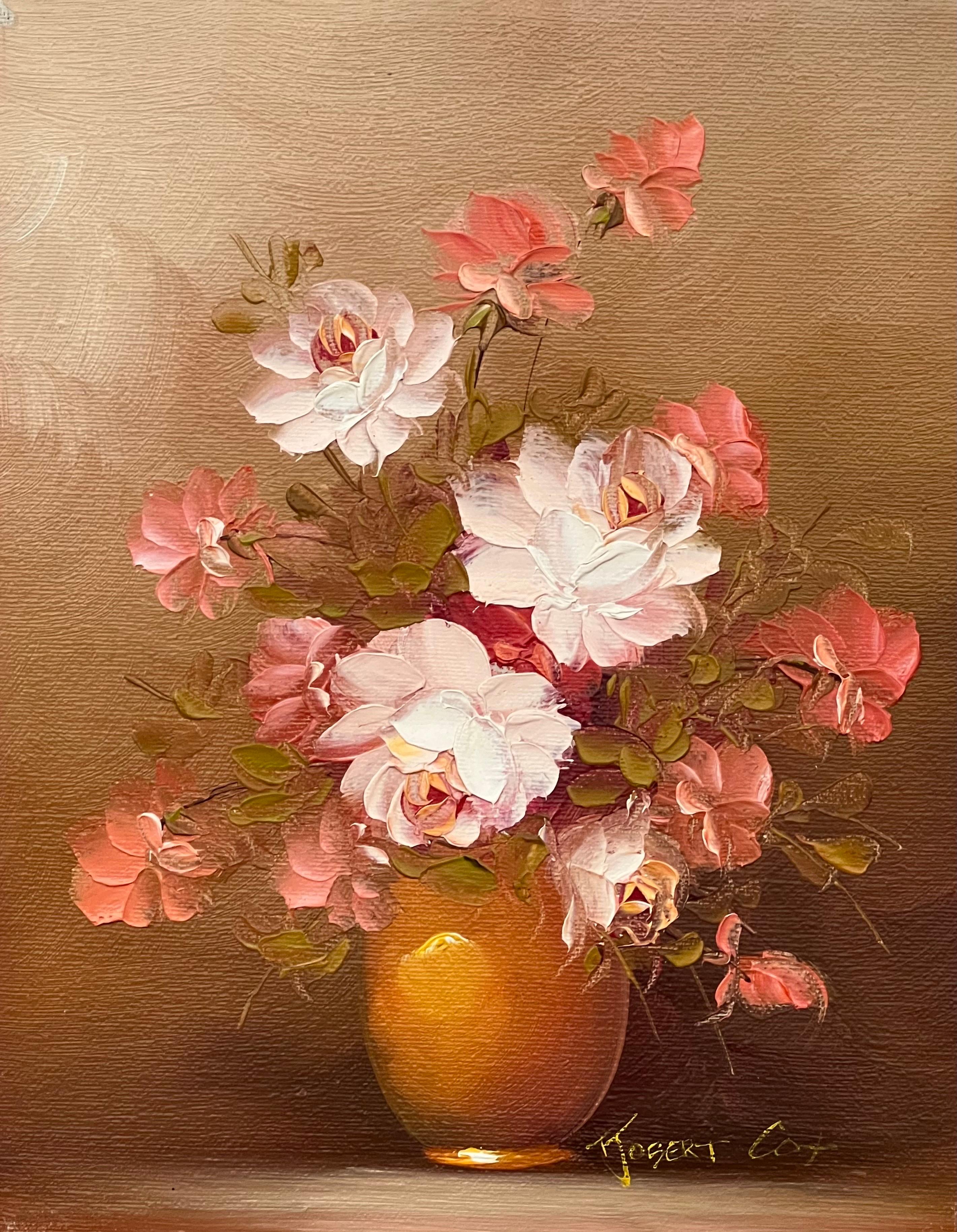 Nature morte d'un vase de roses rouges et blanches par un artiste américain du 20e siècle