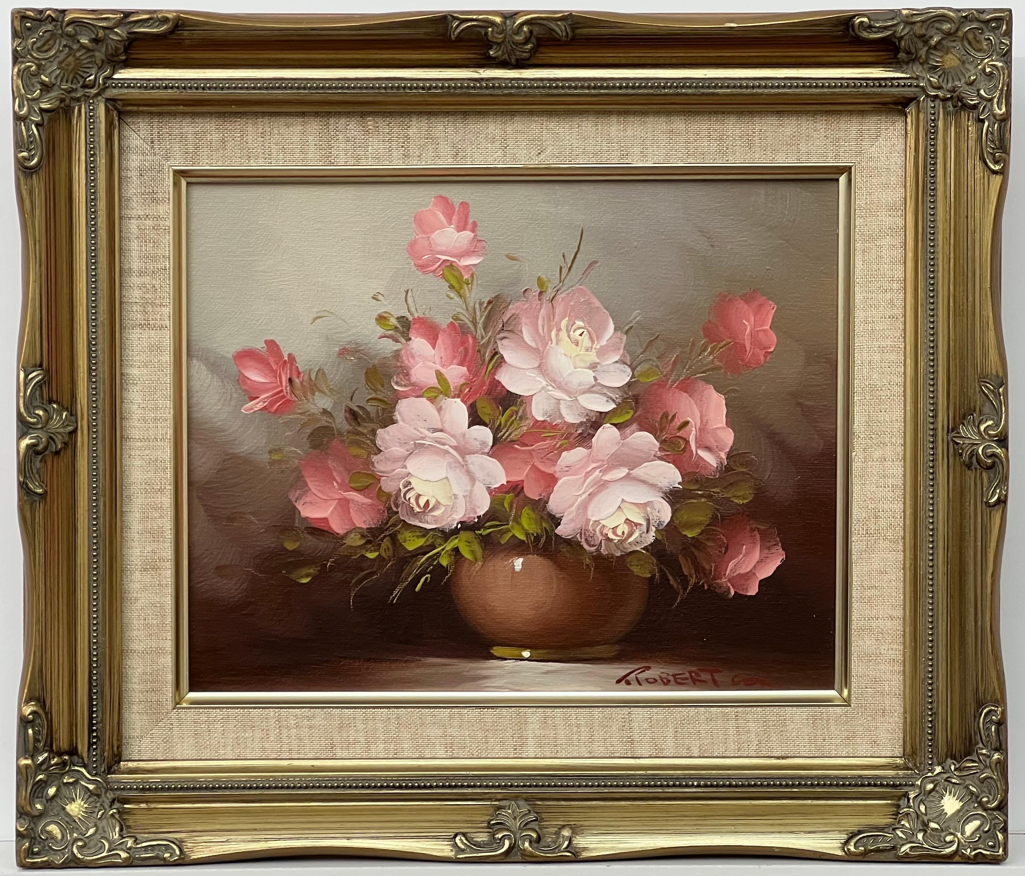 Stillleben einer Vase aus rosa-roten und weißen Rosen von amerikanischem Künstler des 20. Jahrhunderts (Amerikanischer Impressionismus), Painting, von Robert Cox