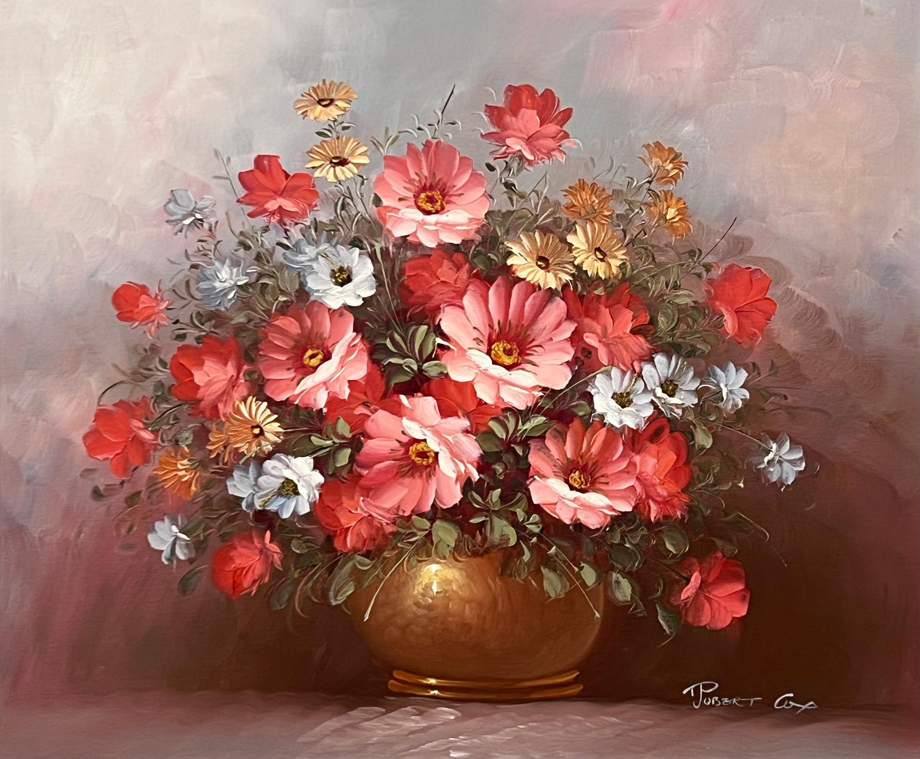 Nature morte d'un vase de fleurs rouges et blanches par un artiste américain du 20e siècle - Painting de Robert Cox