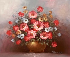 Still Life of a Vase of Red & White Flowers by 20th Century American Artist