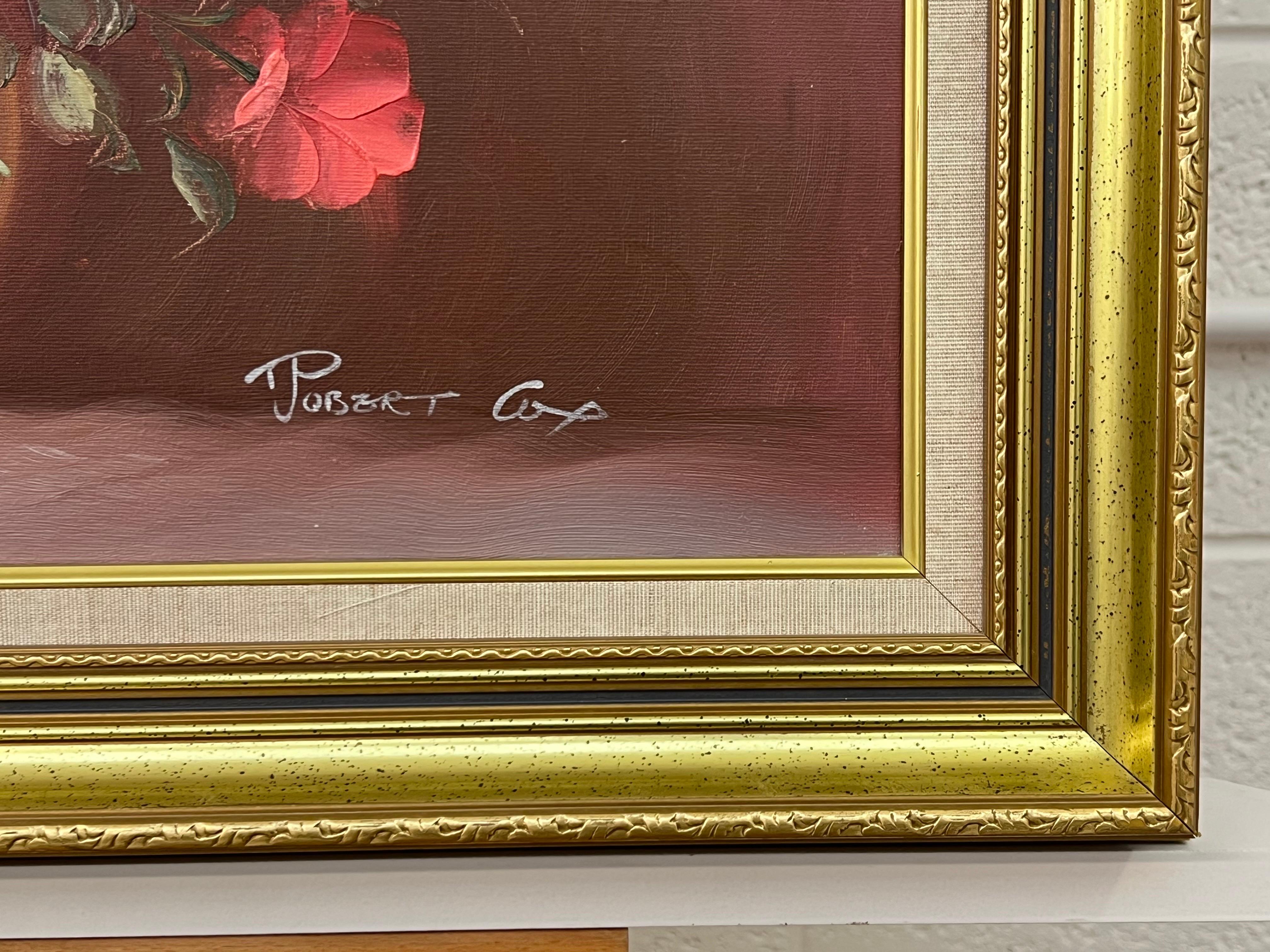 Naturaleza muerta de un jarrón con flores rojas y blancas del artista estadounidense del siglo XX, Robert Cox (1934-2001) 

El arte mide 24 x 20 pulgadas
El marco mide 29 x 25 pulgadas

El galardonado artista estadounidense Robert Cox estudió en la