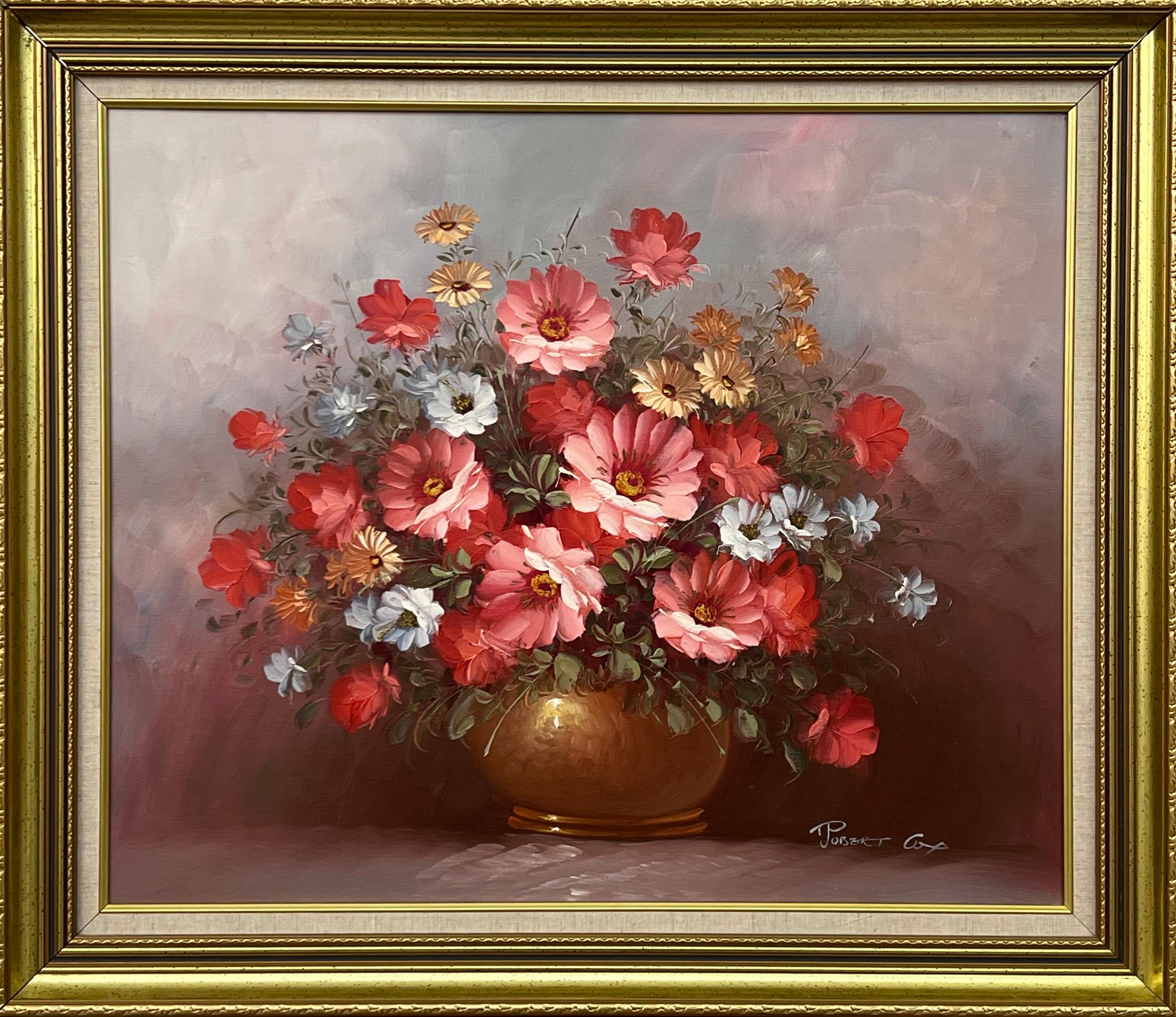 Interior Painting Robert Cox - Nature morte d'un vase de fleurs rouges et blanches par un artiste américain du 20e siècle