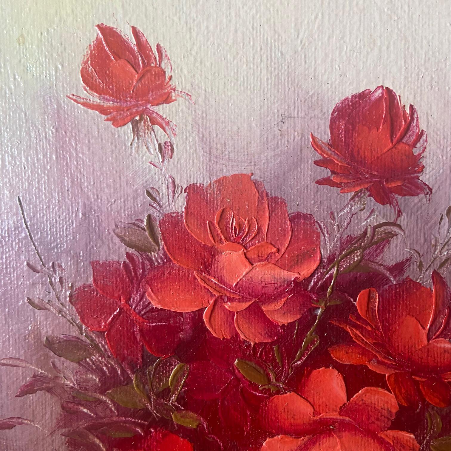 American Classical Robert Cox Still Life of a Vase of Red roses, circa 1970 For Sale