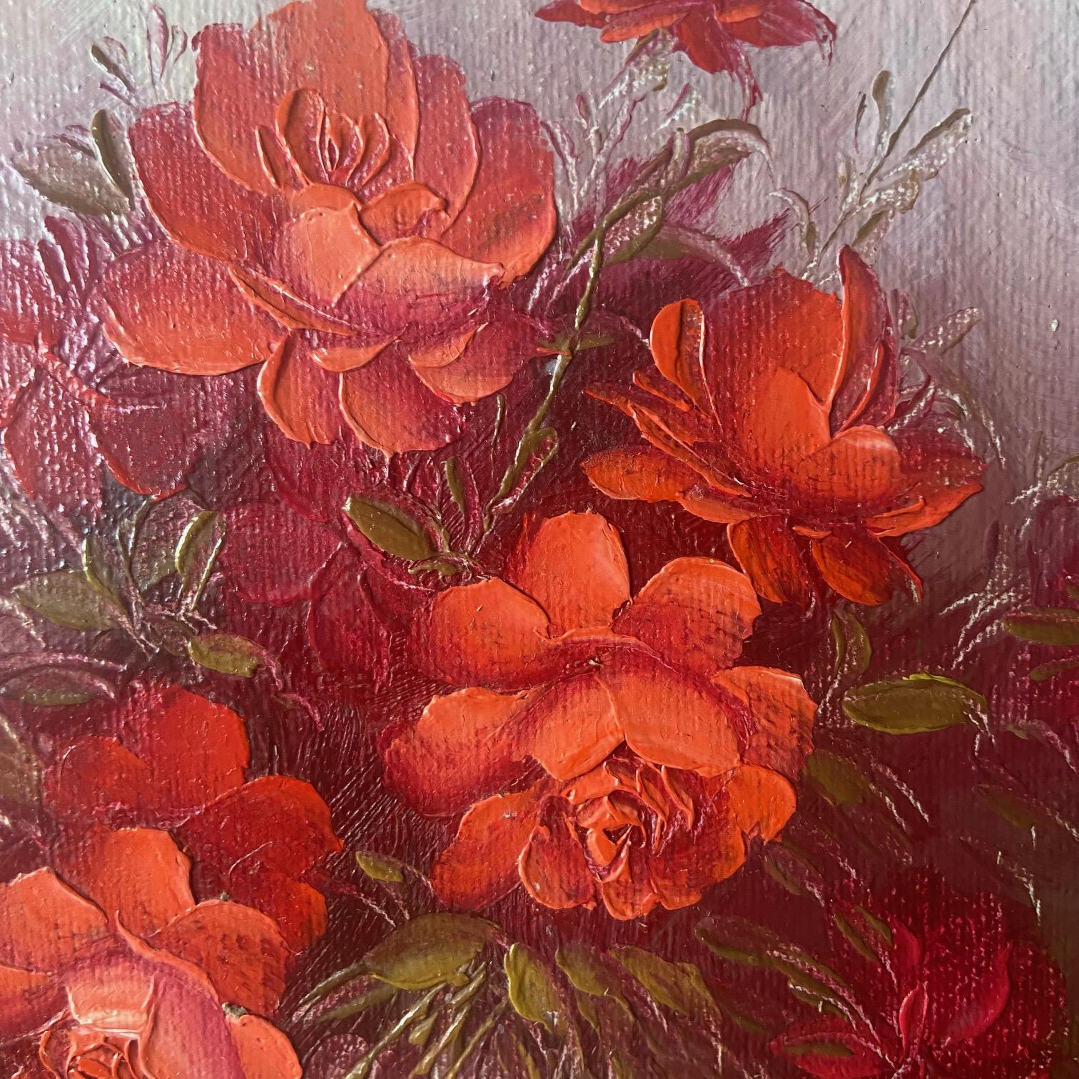 American Robert Cox Still Life of a Vase of Red roses, circa 1970 For Sale
