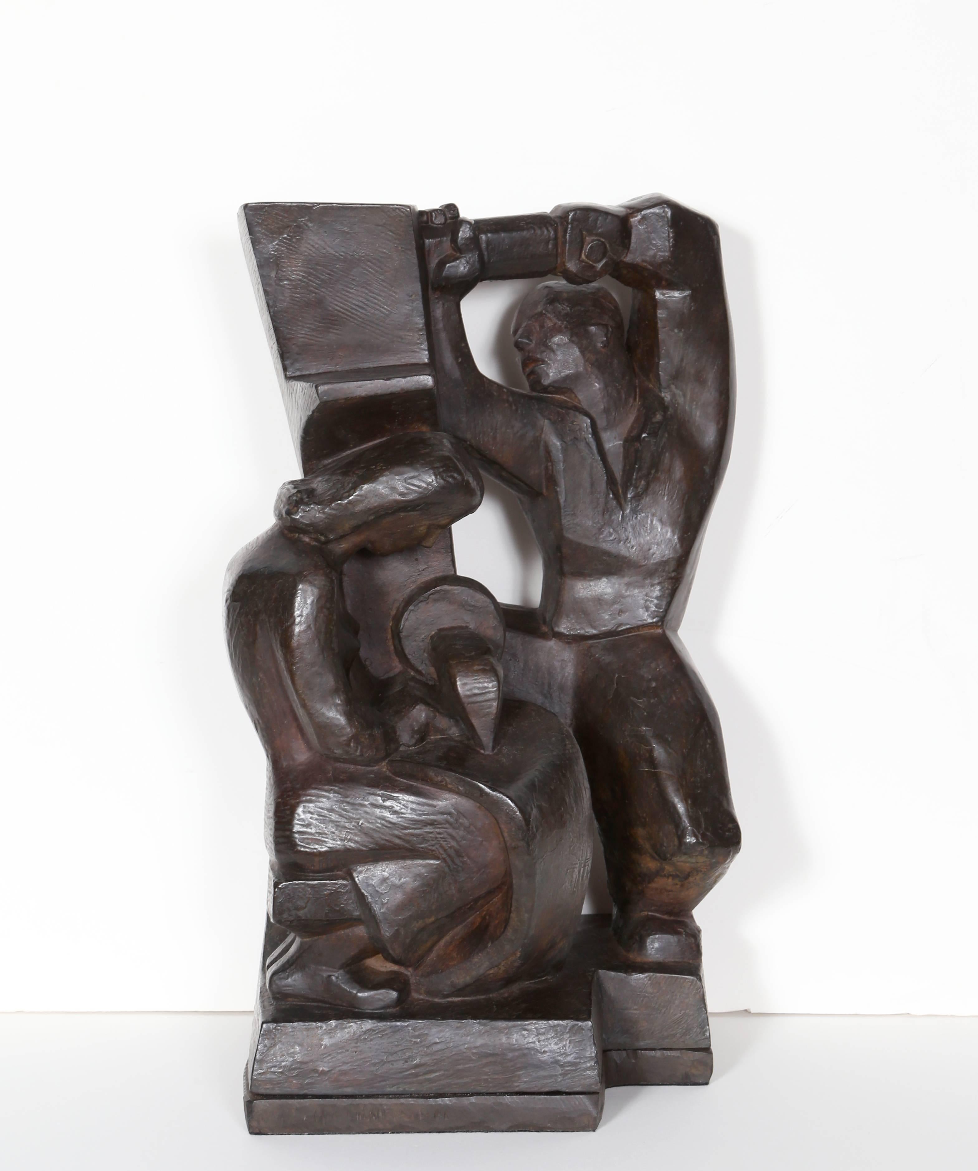 Artist: Robert Cronbach, American (1908 - 2001)
Title: Construction & Garment Worker 
Year: 1938
Medium: Bronze sculpture with Brown Patina, signature and date in the cast
Size: 18  x 11  x 9 in. (45.72  x 27.94  x 22.86 cm)
Overall height on steel