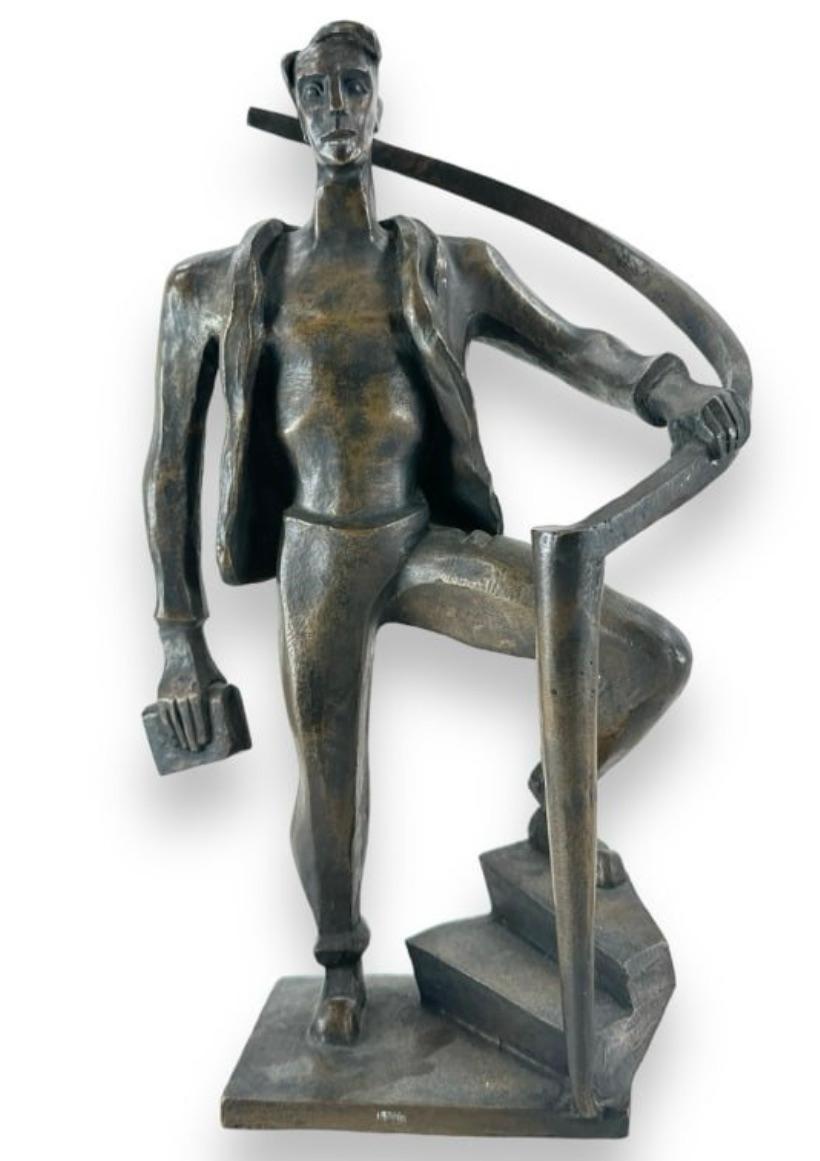 Robert Cronbach Figurative Sculpture - "Man on a Stair" American Scene Social Realism WPA Mid 20th Century Modern
