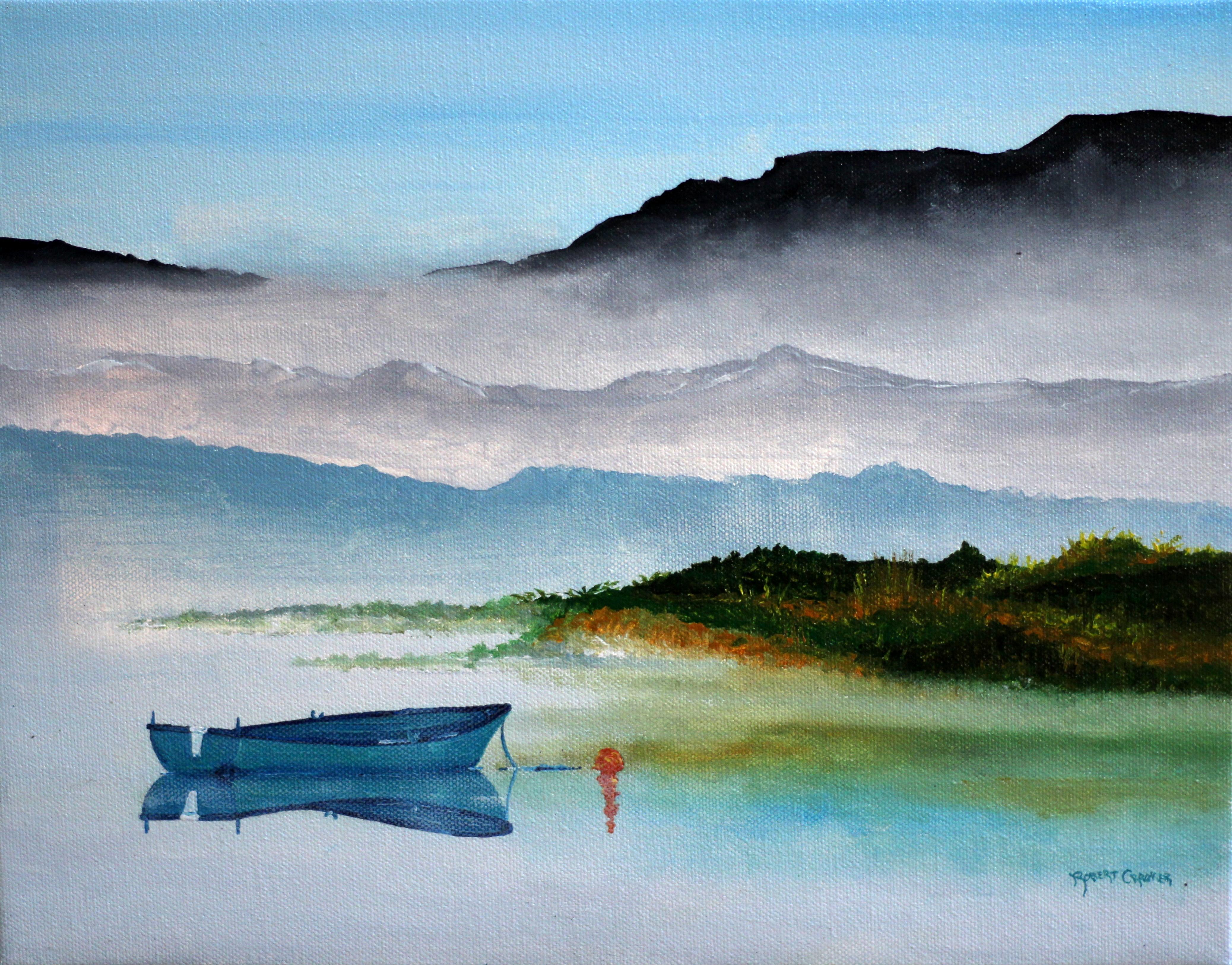 Robert Crooker Landscape Painting - A Lonely Blue Boat, Original Acrylic Painting, 2015