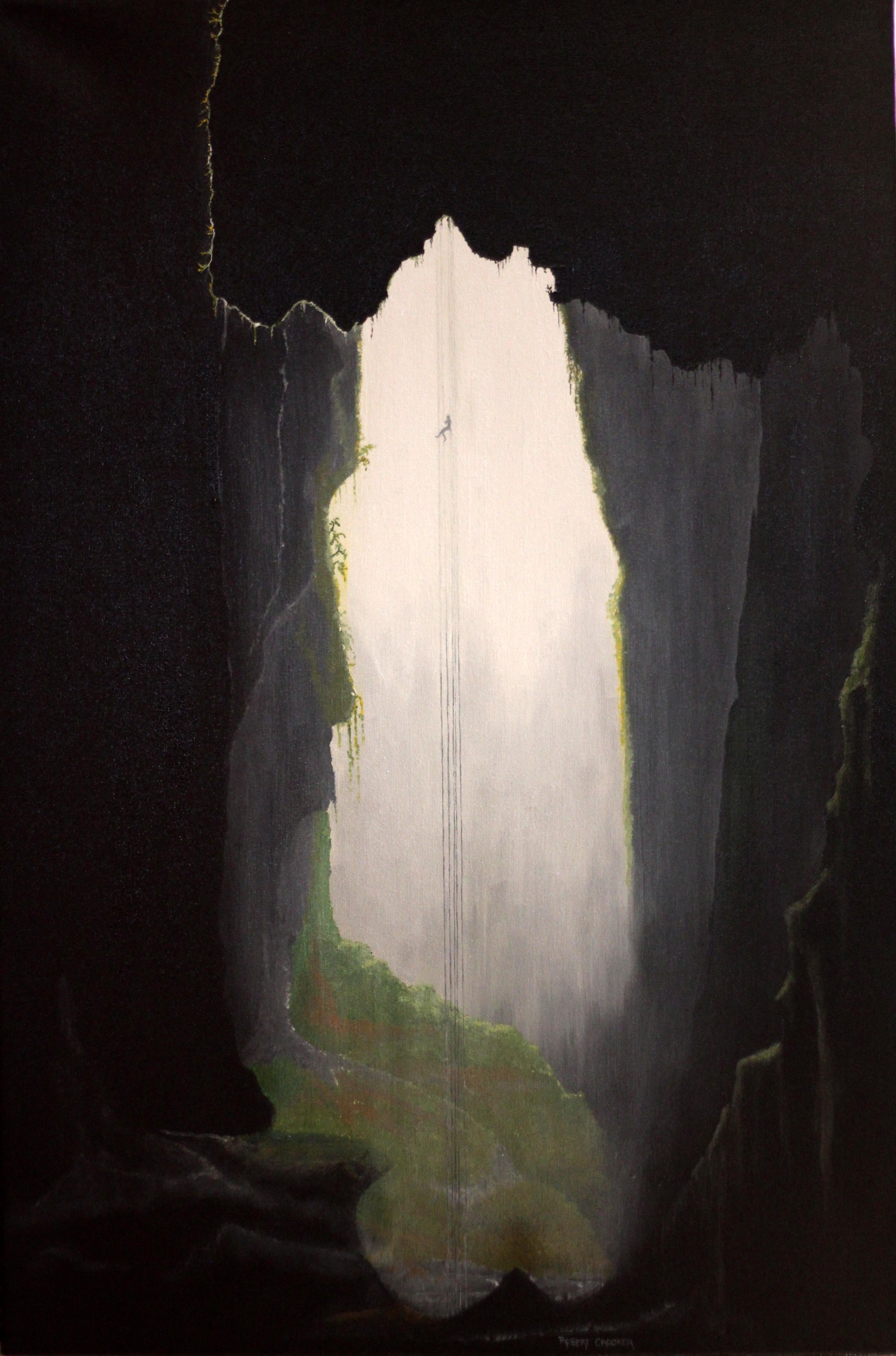 Descend, Original Signed Contemporary Landscape Painting
30" x 20" x 2" (HxWxD) Acrylic on Canvas
Hand-signed by the artist.

Artist Robert Crooker captures the sublime in this almost otherworldly painting of a cavernous sinkhole. A small figure can