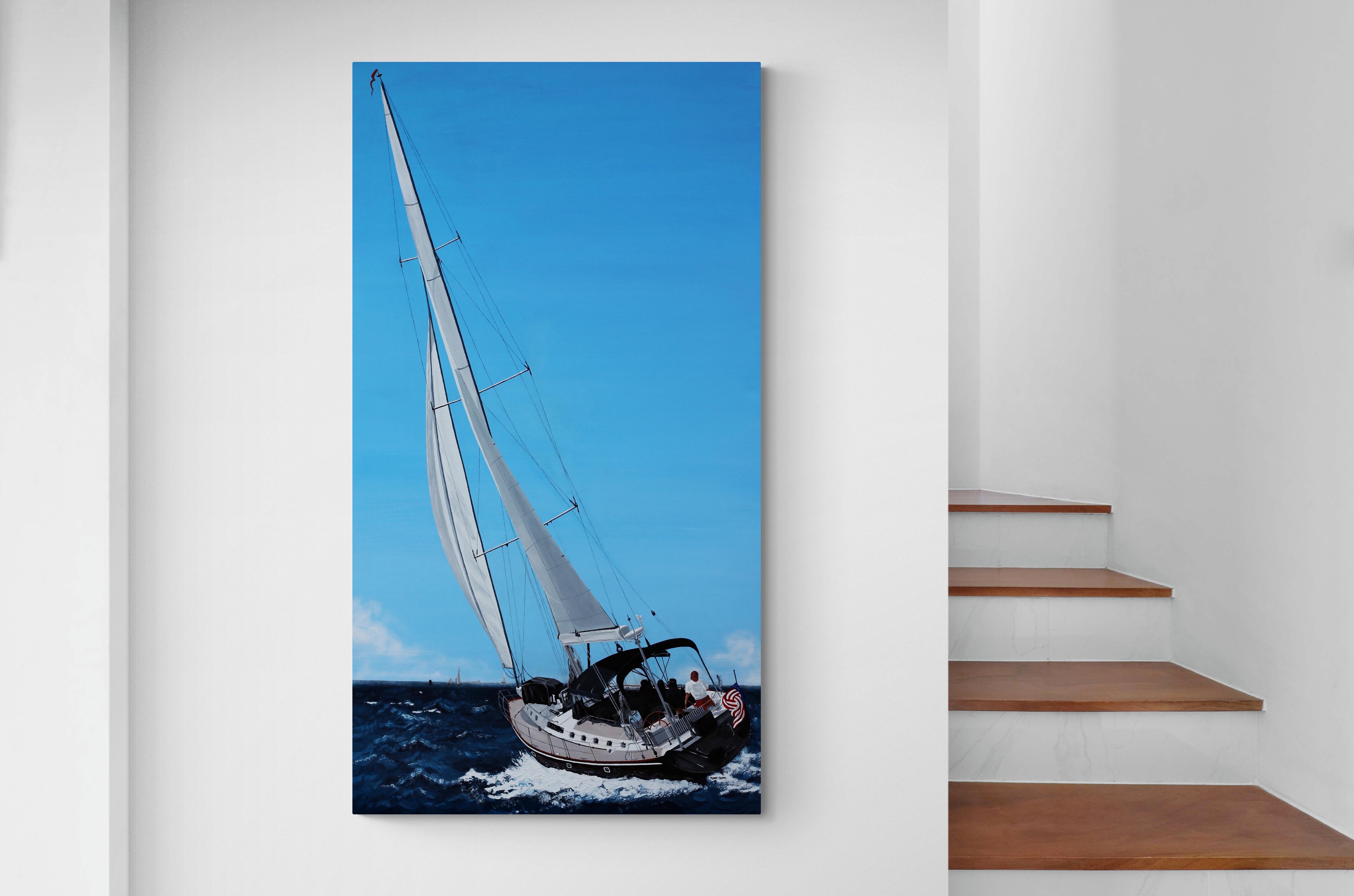Dieses realistische Genrebild des Künstlers Robert Crooker zeigt ein Verkaufsboot, das sich nach links neigt, während es über die tiefblauen Gewässer vor der Küste von Rhode Island fährt. Die Details des Bootes, einschließlich der feinen Leinen, die