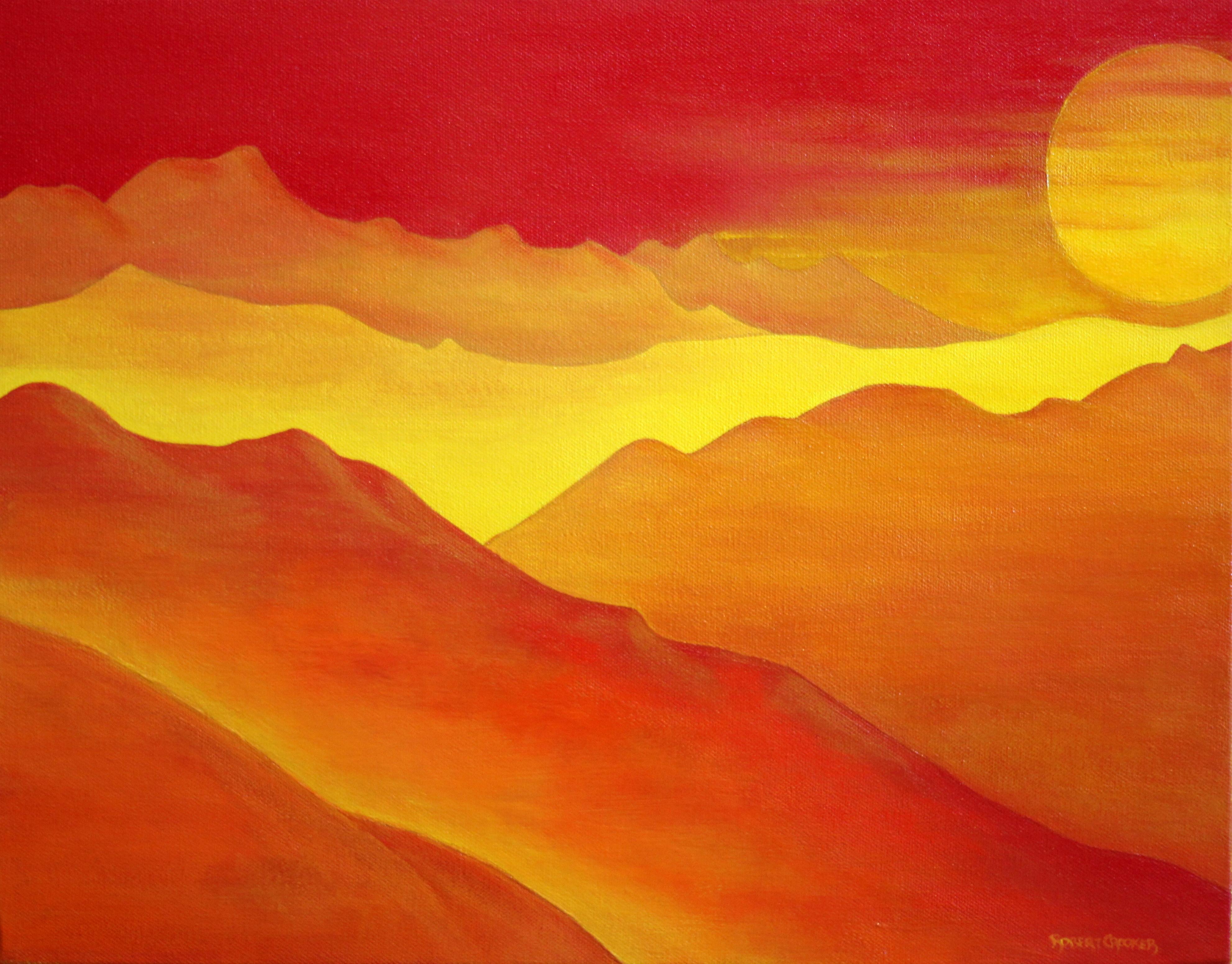 Robert Crooker Landscape Painting – Abstraktes Landschaftsgemälde auf Leinwand „Orange Mountains“, 2013