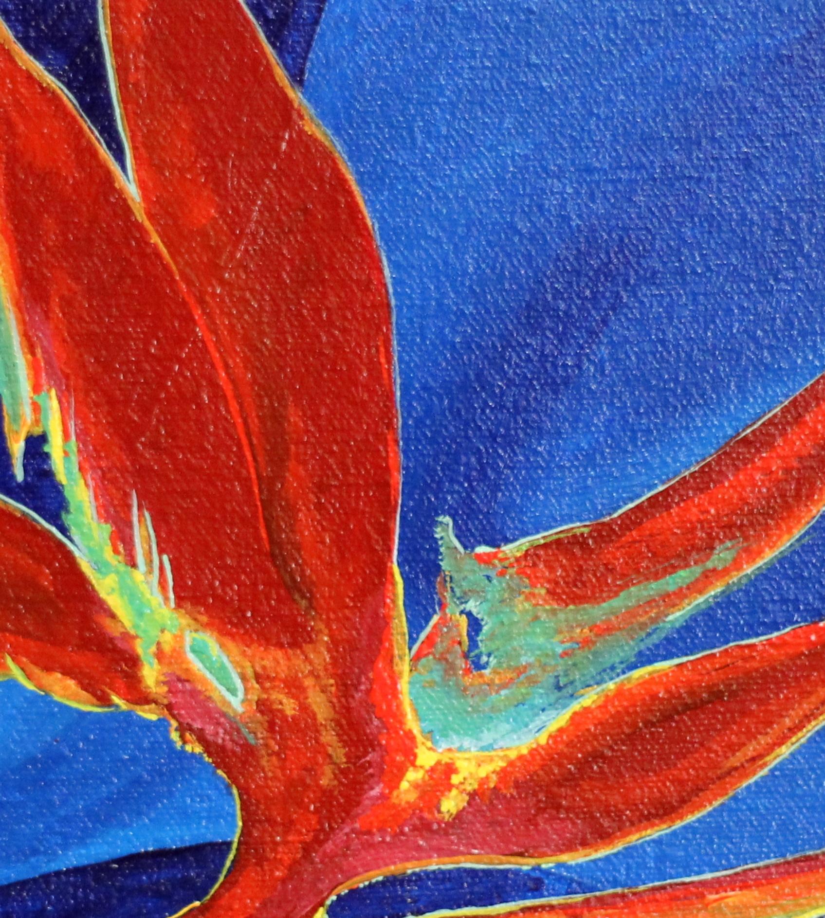 Paradise Bird, Original Floral Still Life Acrylic Painting on Canvas - Blue Abstract Painting by Robert Crooker