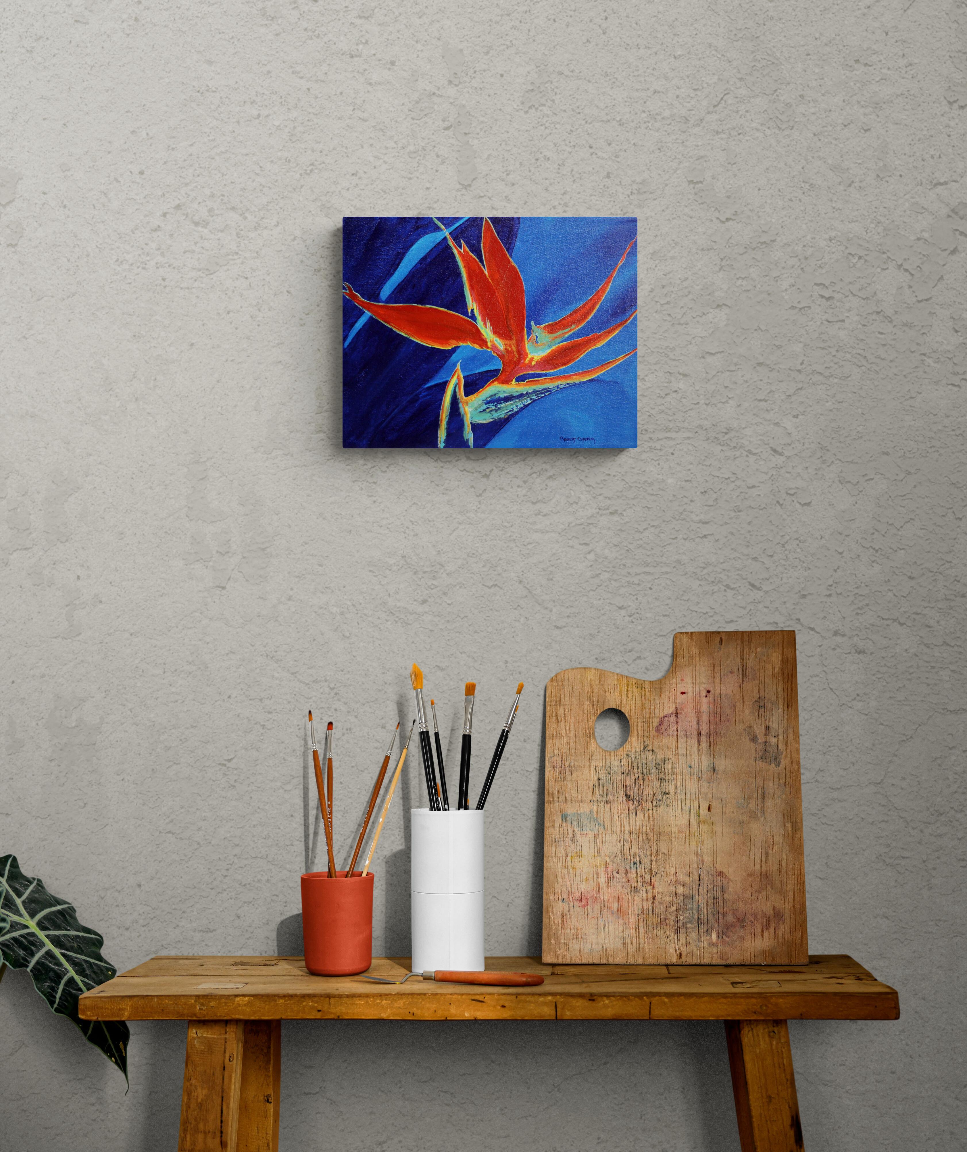 Paradise Bird, Original geblümtes Stillleben, Acrylgemälde auf Leinwand im Angebot 1