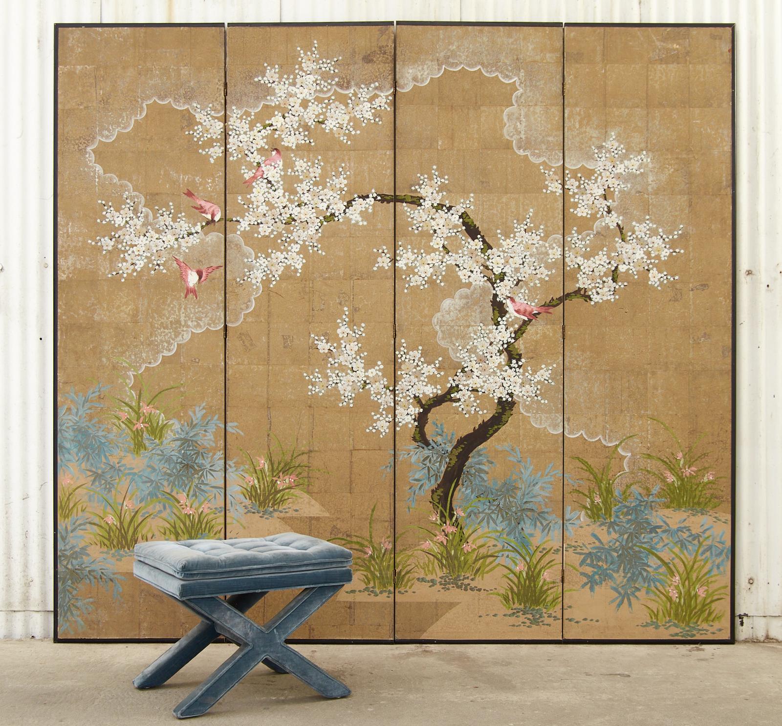 Stunning chinoiserie flora and fauna four-panel folding byobu style screen by Robert Crowder (American 1911-2010). Intricately painted ink and natural color pigments depicting a spring flowering prunus tree with birds. The detailed scene features a