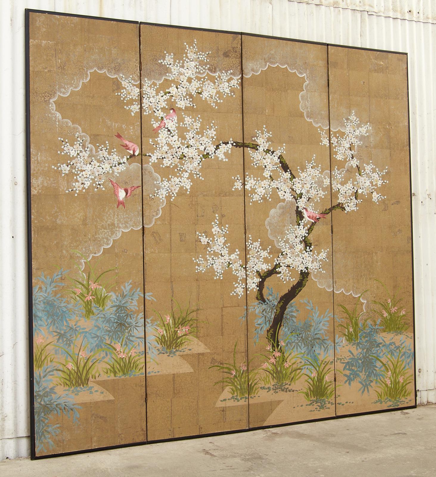 American Robert Crowder Chinoiserie Four Panel Screen Flora and Fauna