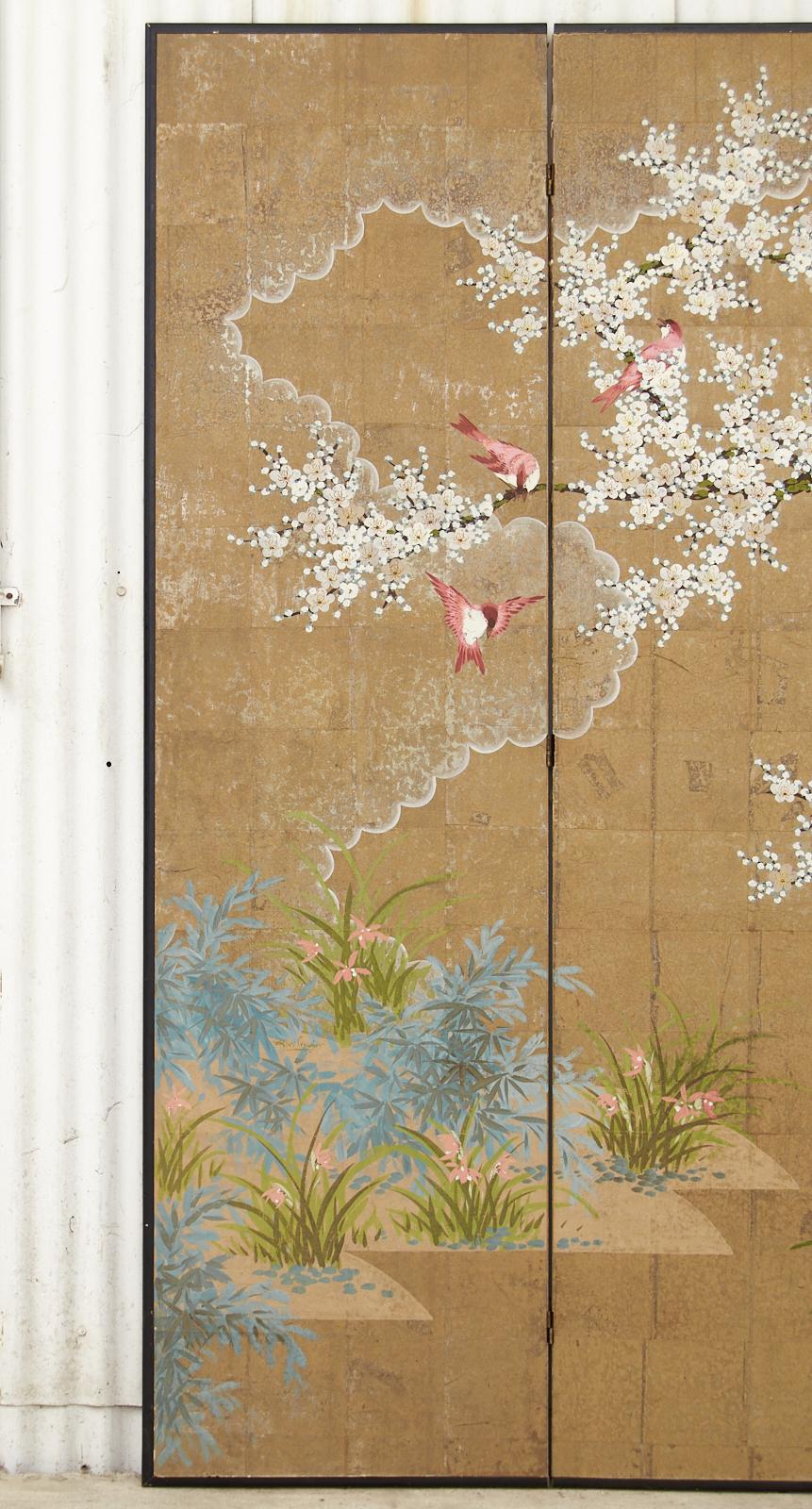 Lacquered Robert Crowder Chinoiserie Four Panel Screen Flora and Fauna