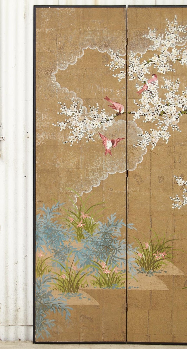 Lacquered Robert Crowder Chinoiserie Four Panel Screen Flora and Fauna For Sale