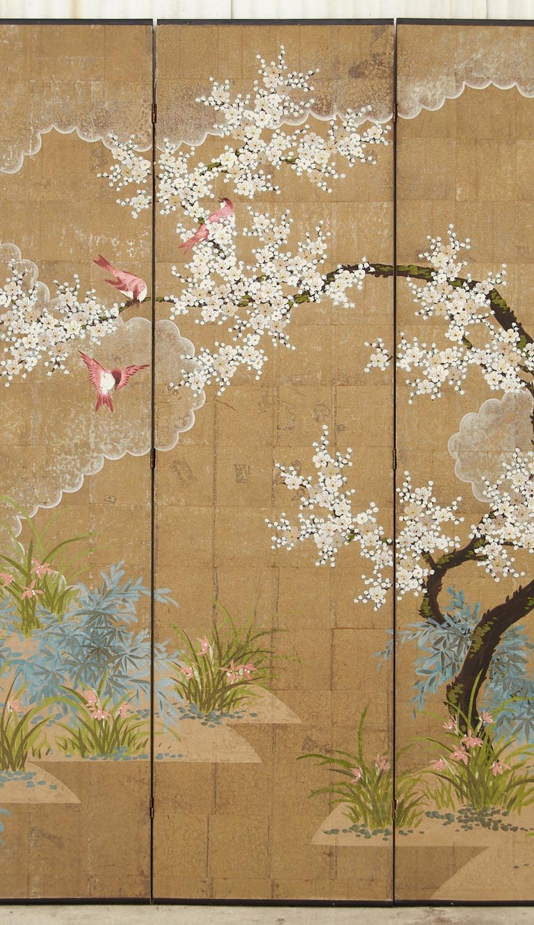 Robert Crowder Chinoiserie Four Panel Screen Flora and Fauna In Distressed Condition For Sale In Rio Vista, CA