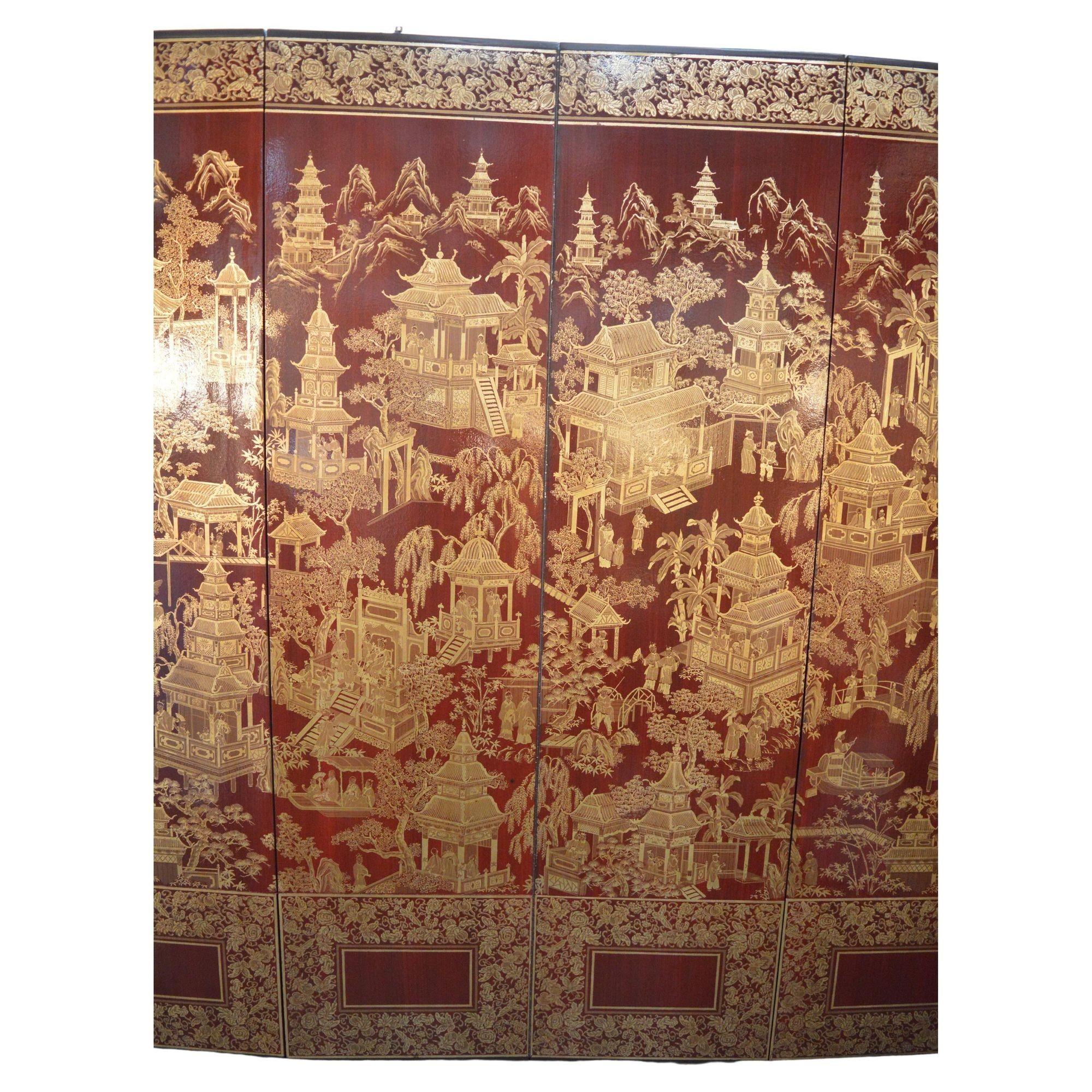 Robert Crowder Vier-Panel Chinoiserie Bildschirm mit Blattgold auf rotem Hintergrund. (amerikanisch) im Angebot
