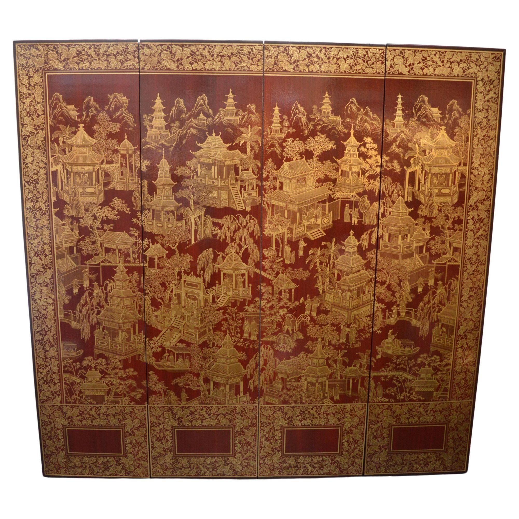 Robert Crowder Vier-Panel Chinoiserie Bildschirm mit Blattgold auf rotem Hintergrund. im Zustand „Gut“ im Angebot in Los Angeles, CA