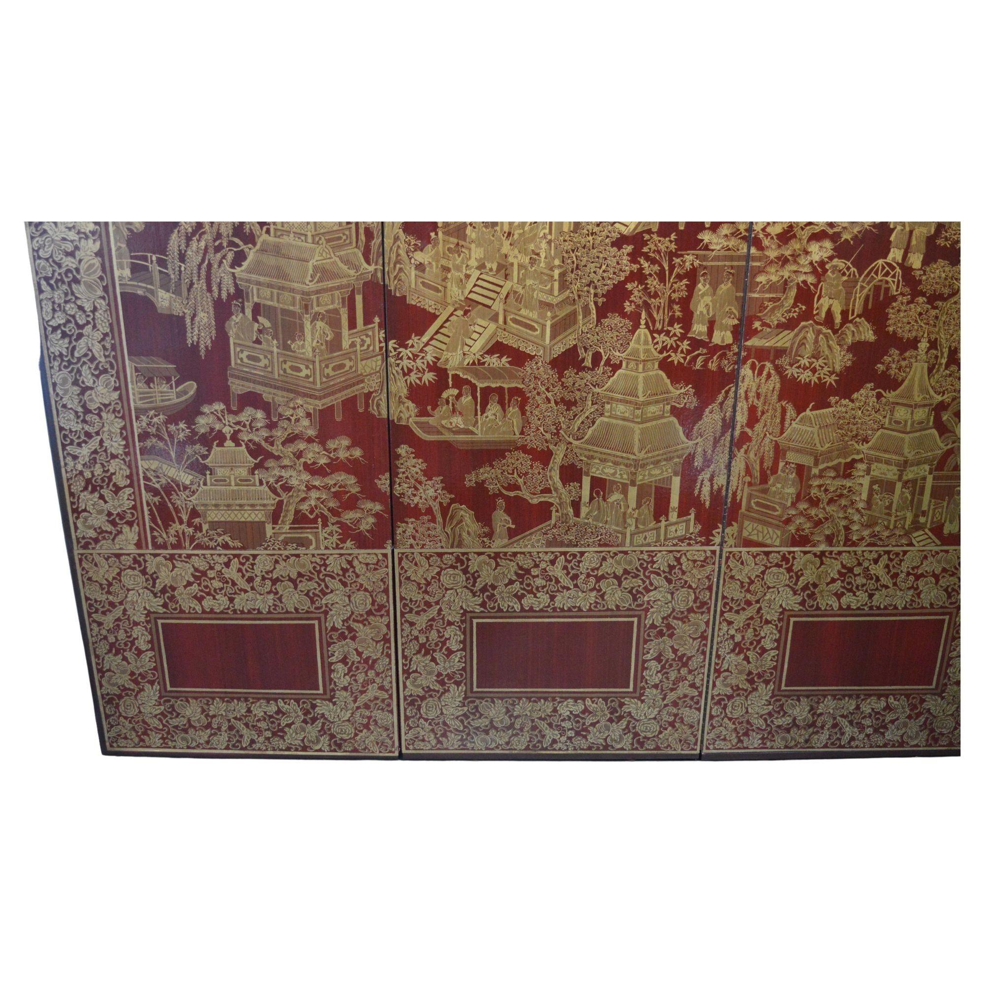 Robert Crowder Vier-Panel Chinoiserie Bildschirm mit Blattgold auf rotem Hintergrund. (Ende des 20. Jahrhunderts) im Angebot