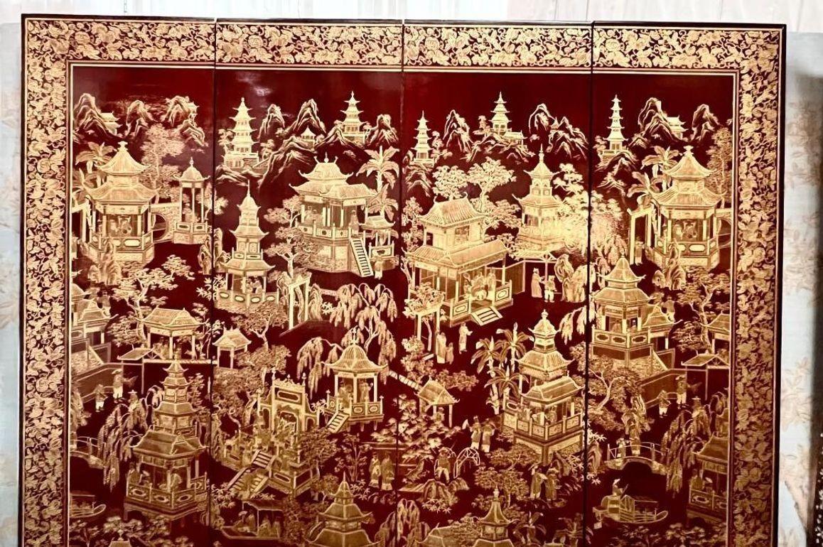 Robert Crowder Vier-Panel Chinoiserie Bildschirm mit Blattgold auf rotem Hintergrund. im Angebot 1