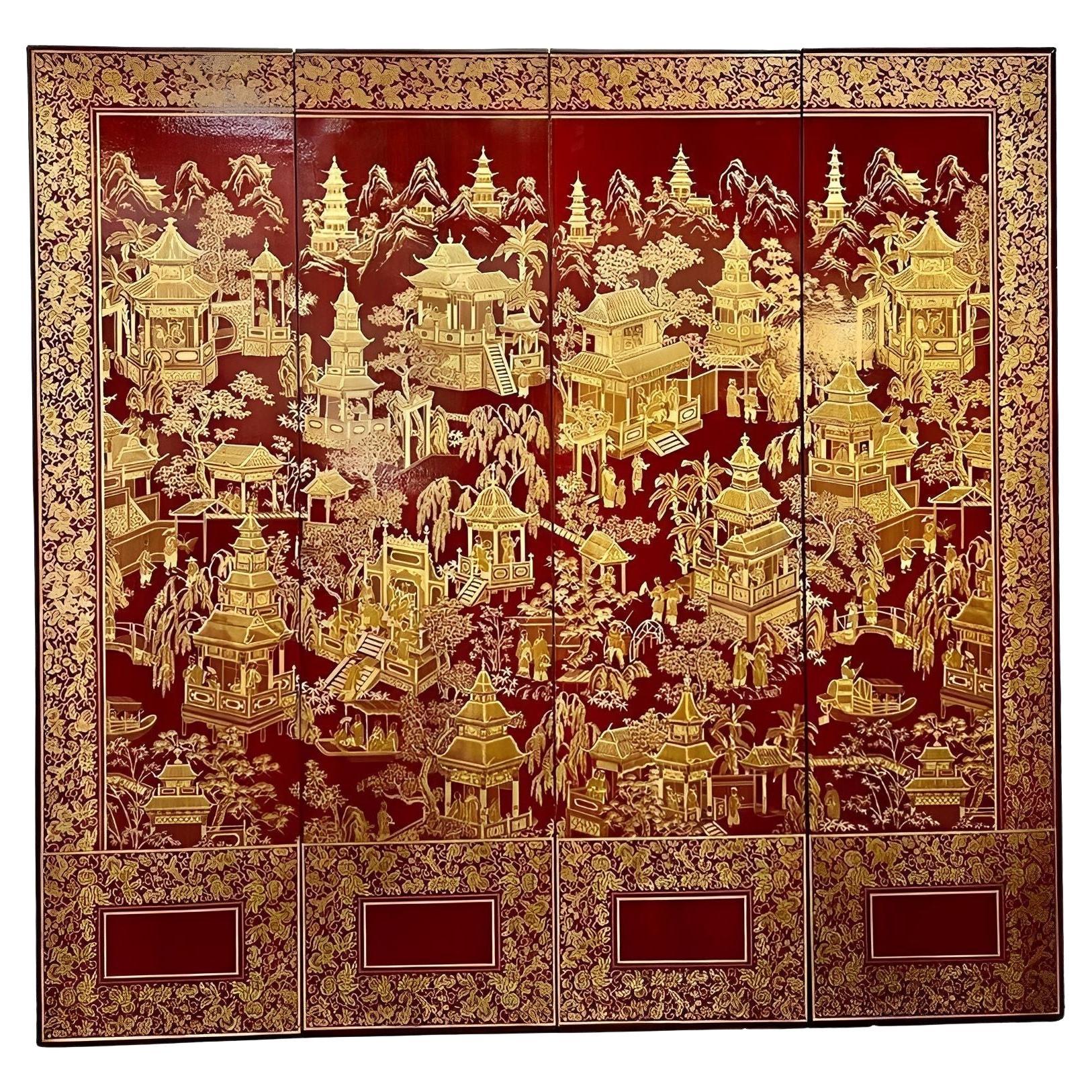 Robert Crowder Four-Panel Chinoiserie Screen with Gold Leaf on Red Background.