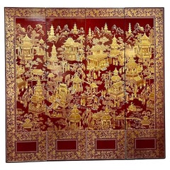 Robert Crowder Four-Panel Chinoiserie Screen with Gold Leaf on Red Background.