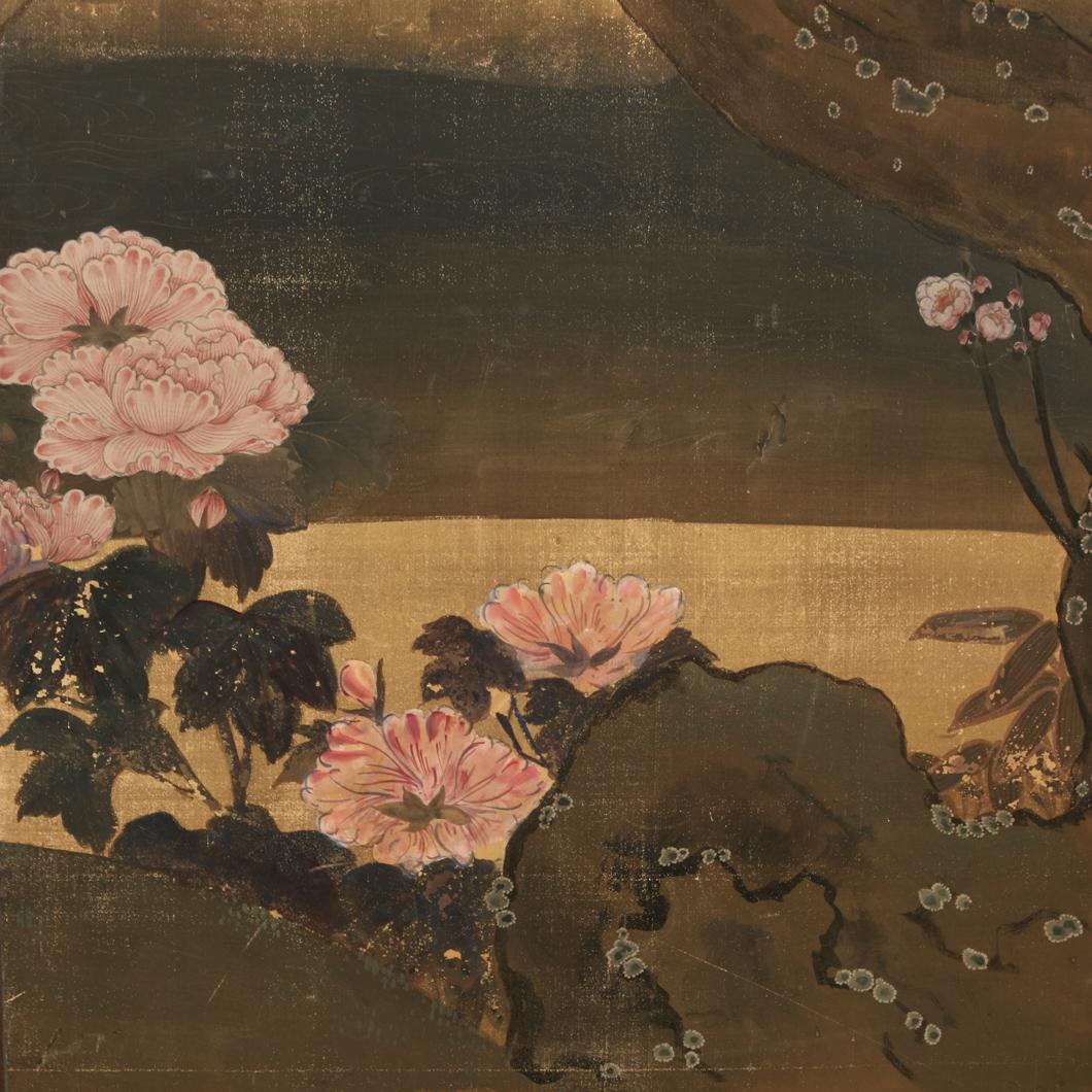 Four panel, gold ink on paper byobu screen by Robert Crowder. Landscape scene of a tree by waters edge with pink flowers and birds. Hand painted screen bordered in silk and black lacquered frame.