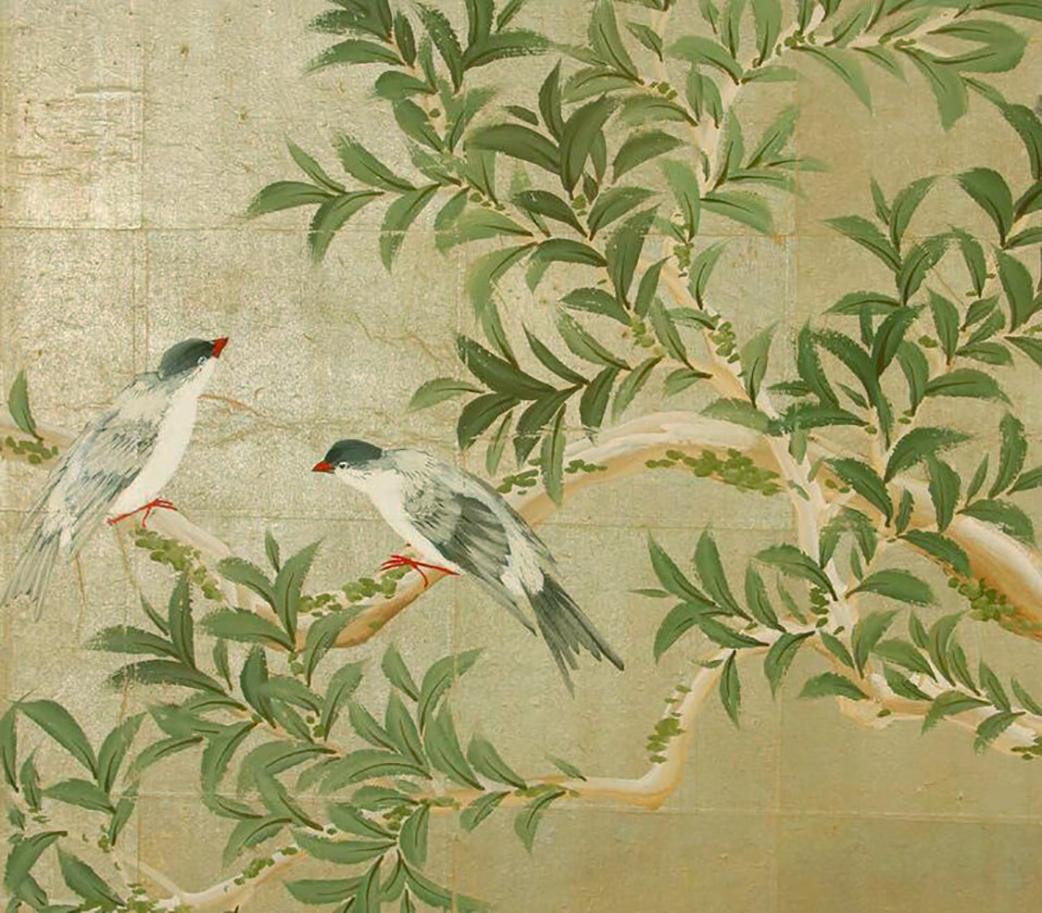Four-panel screen hand painted by Robert Crowder with images of trees, flowers and birds on a spectacular gold background.