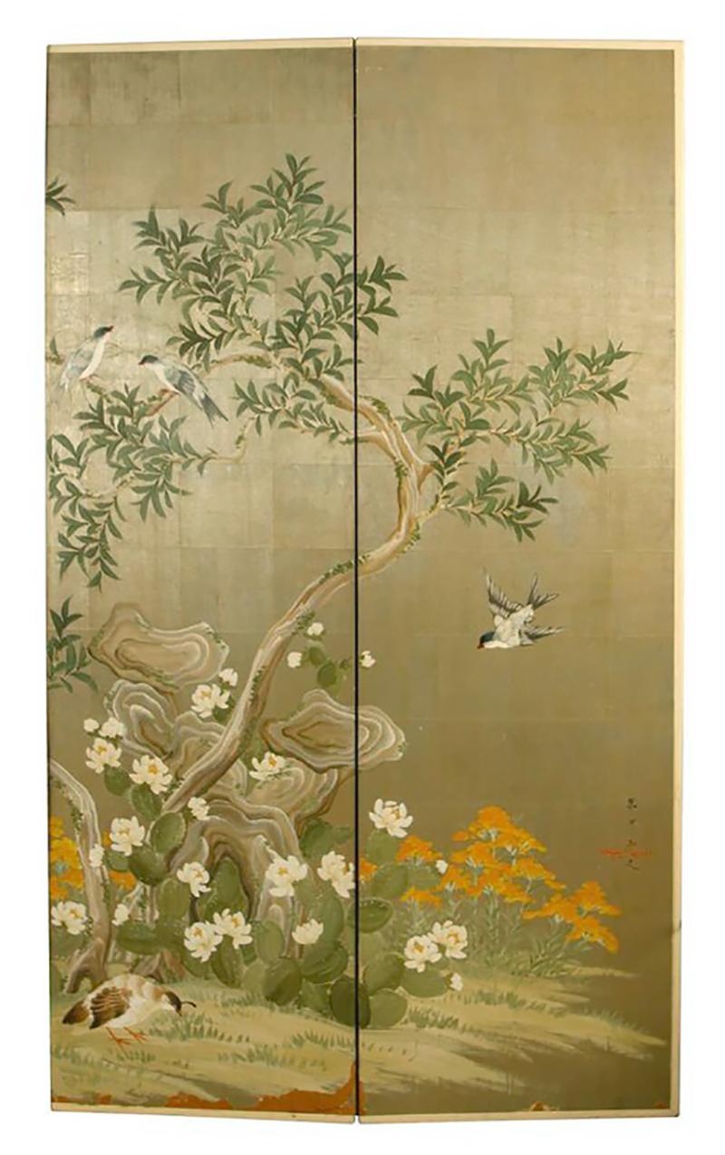 American Robert Crowder Four-Panel Hand Painted Screen