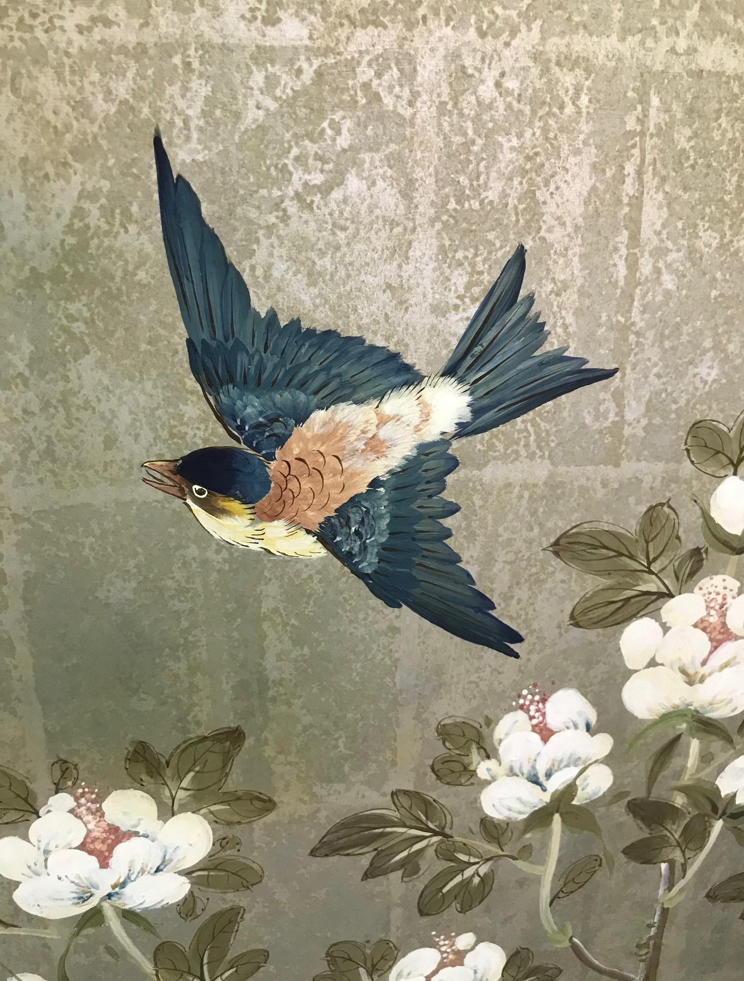 Showa Robert Crowder Hand Painted Four-Panel Japanese Asian Byobu Screen Playful Birds