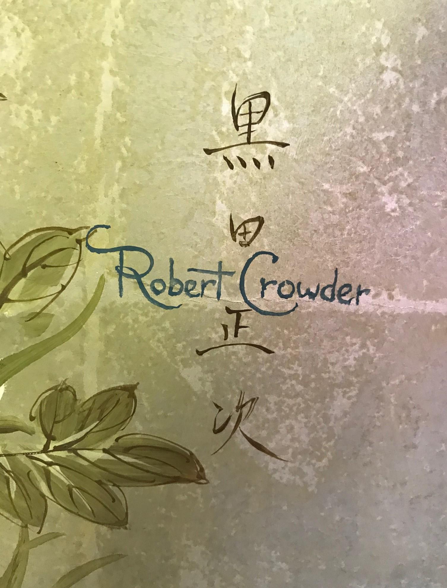 American Robert Crowder Hand Painted Four-Panel Japanese Asian Byobu Screen Playful Birds