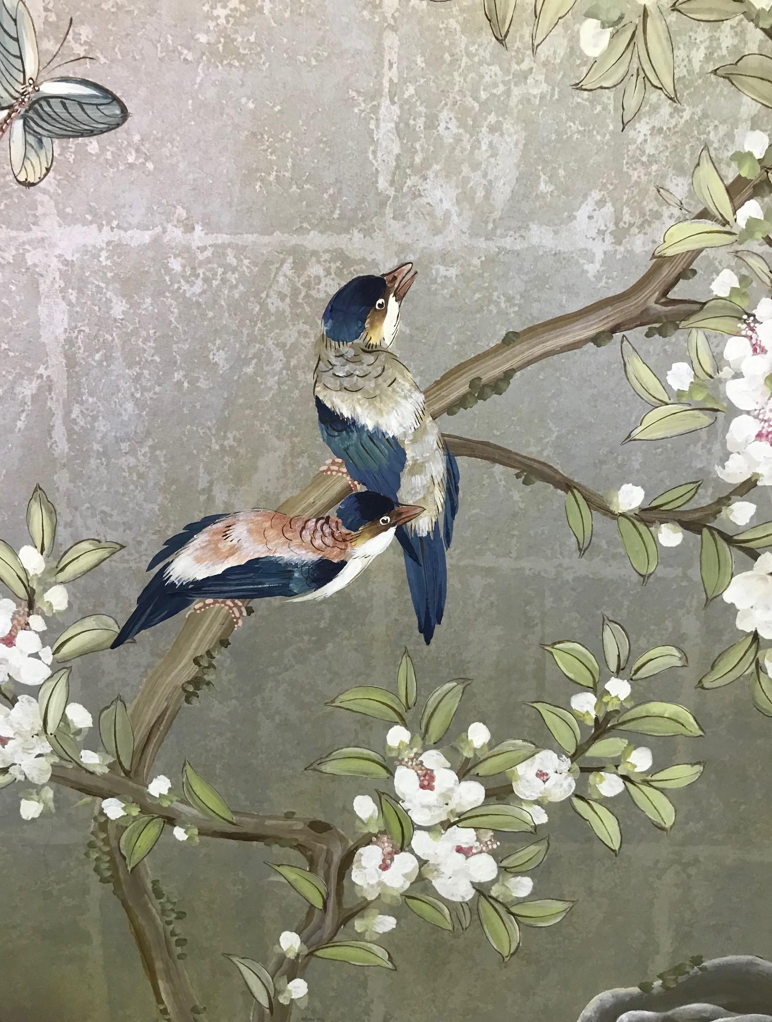 Hand-Painted Robert Crowder Hand Painted Four-Panel Japanese Asian Byobu Screen Playful Birds
