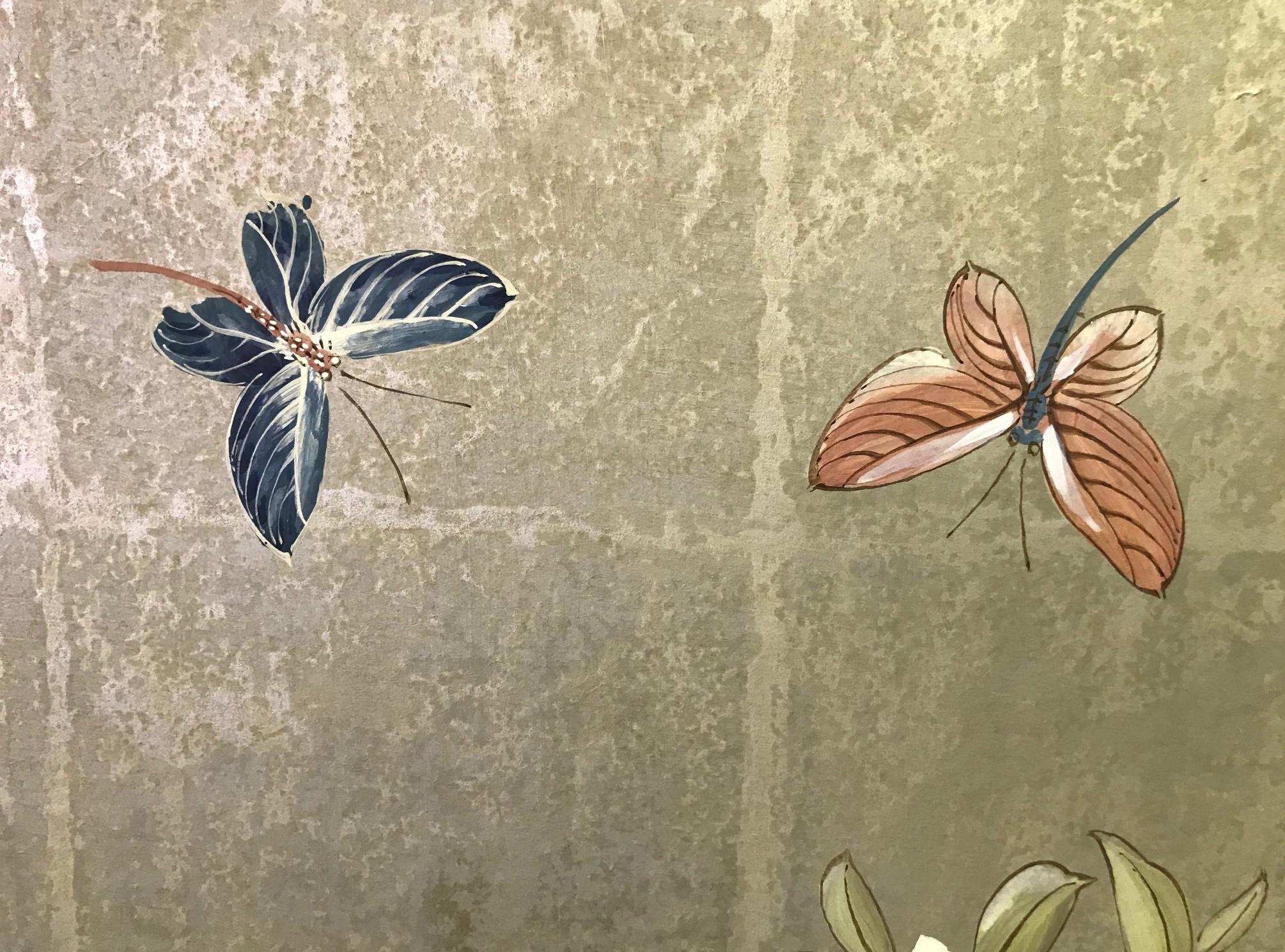 Robert Crowder Hand Painted Four-Panel Japanese Asian Byobu Screen Playful Birds In Good Condition In Studio City, CA