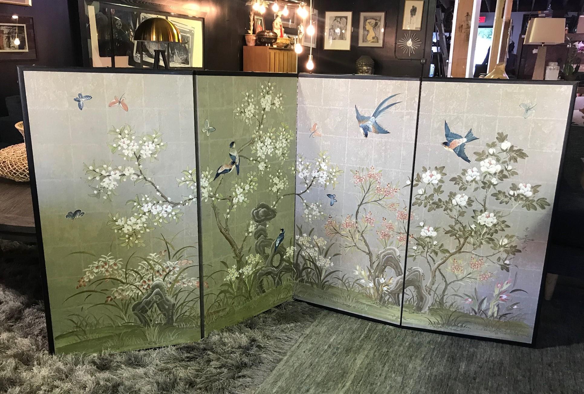 Mid-20th Century Robert Crowder Hand Painted Four-Panel Japanese Asian Byobu Screen Playful Birds