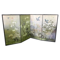 Robert Crowder Hand Painted Four-Panel Japanese Asian Byobu Screen Playful Birds