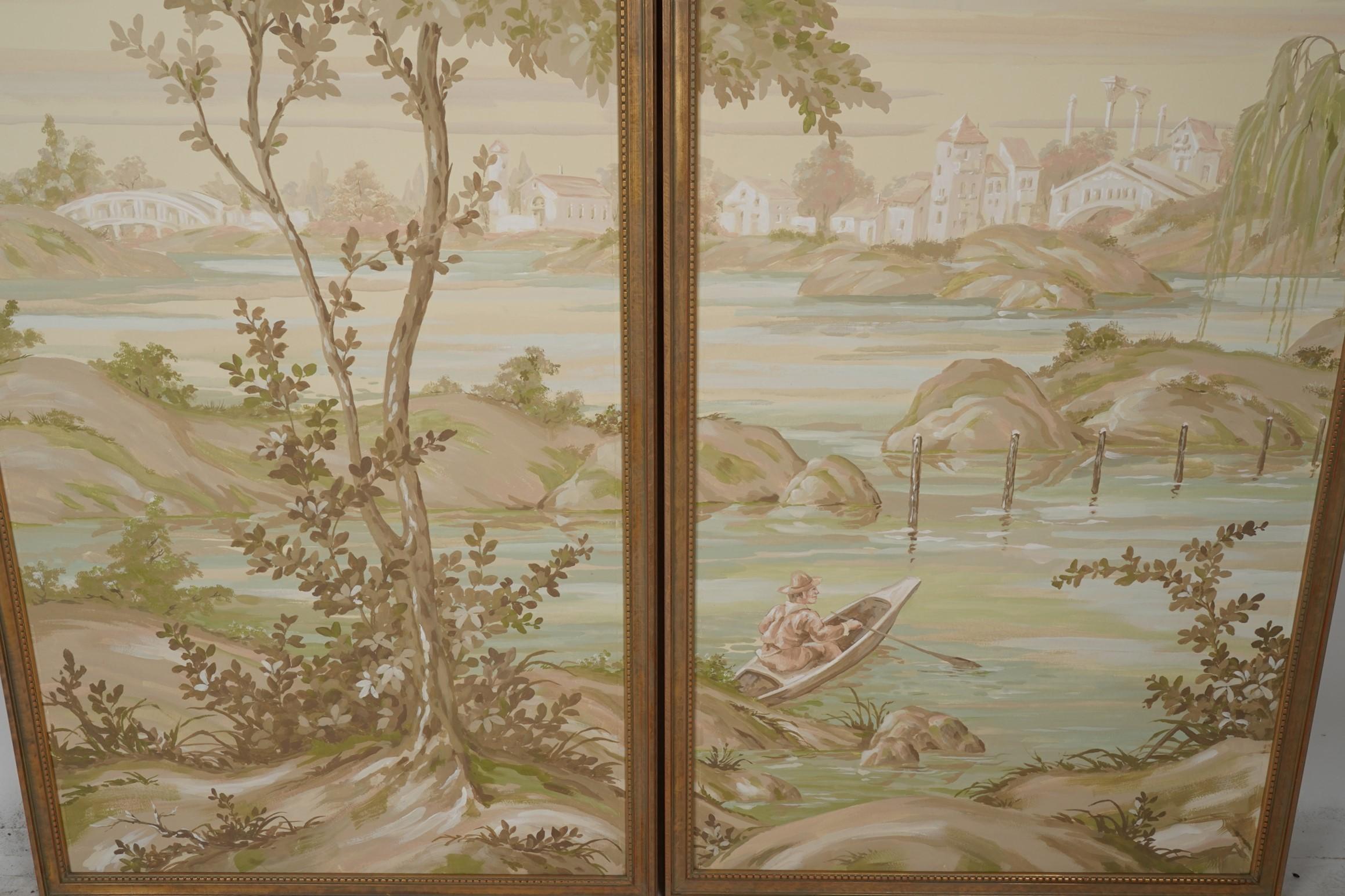 Robert Crowder Signed 5 Panel Large Japanese Nihonga Lanscape Pastoral Painting For Sale 1