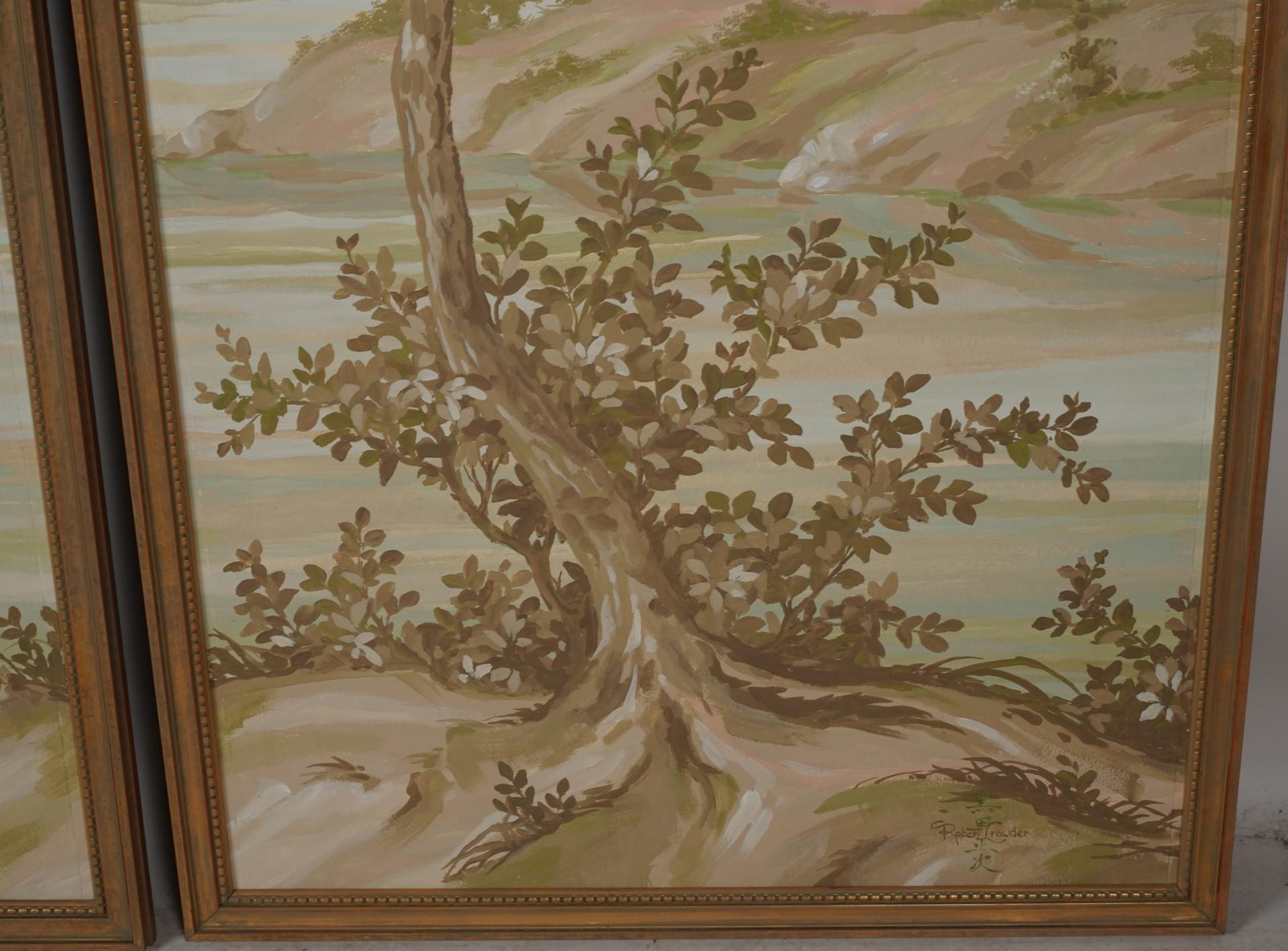Mid-Century Modern Robert Crowder Grande peinture japonaise de paysage champêtre Nihonga à 5 panneaux, signée en vente