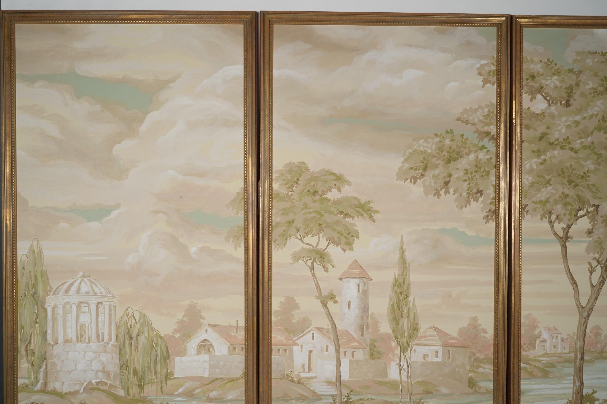 Milieu du XXe siècle Robert Crowder Grande peinture japonaise de paysage champêtre Nihonga à 5 panneaux, signée en vente