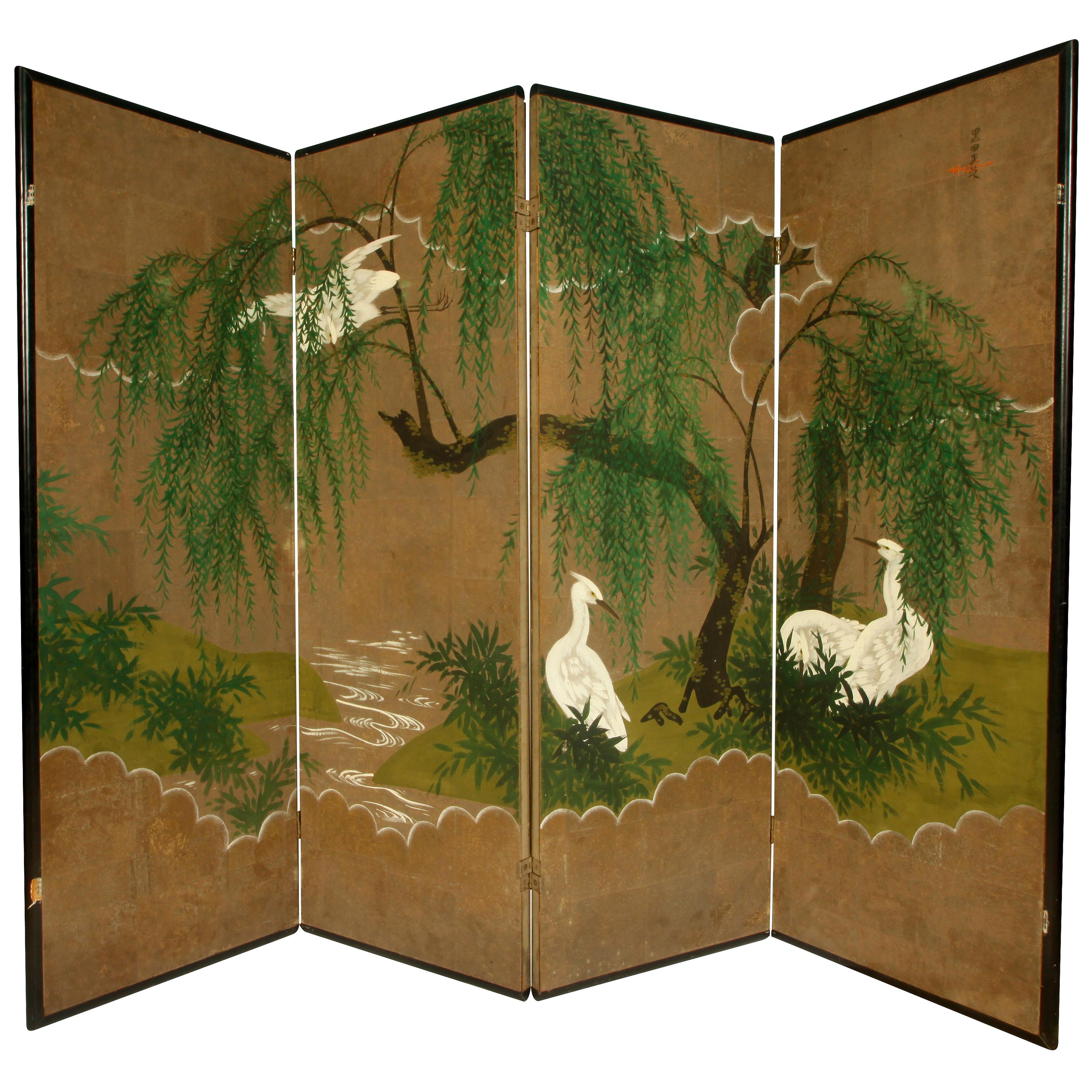 Robert Crowder "Weeping Willows and Herons" Hand Painted Screen