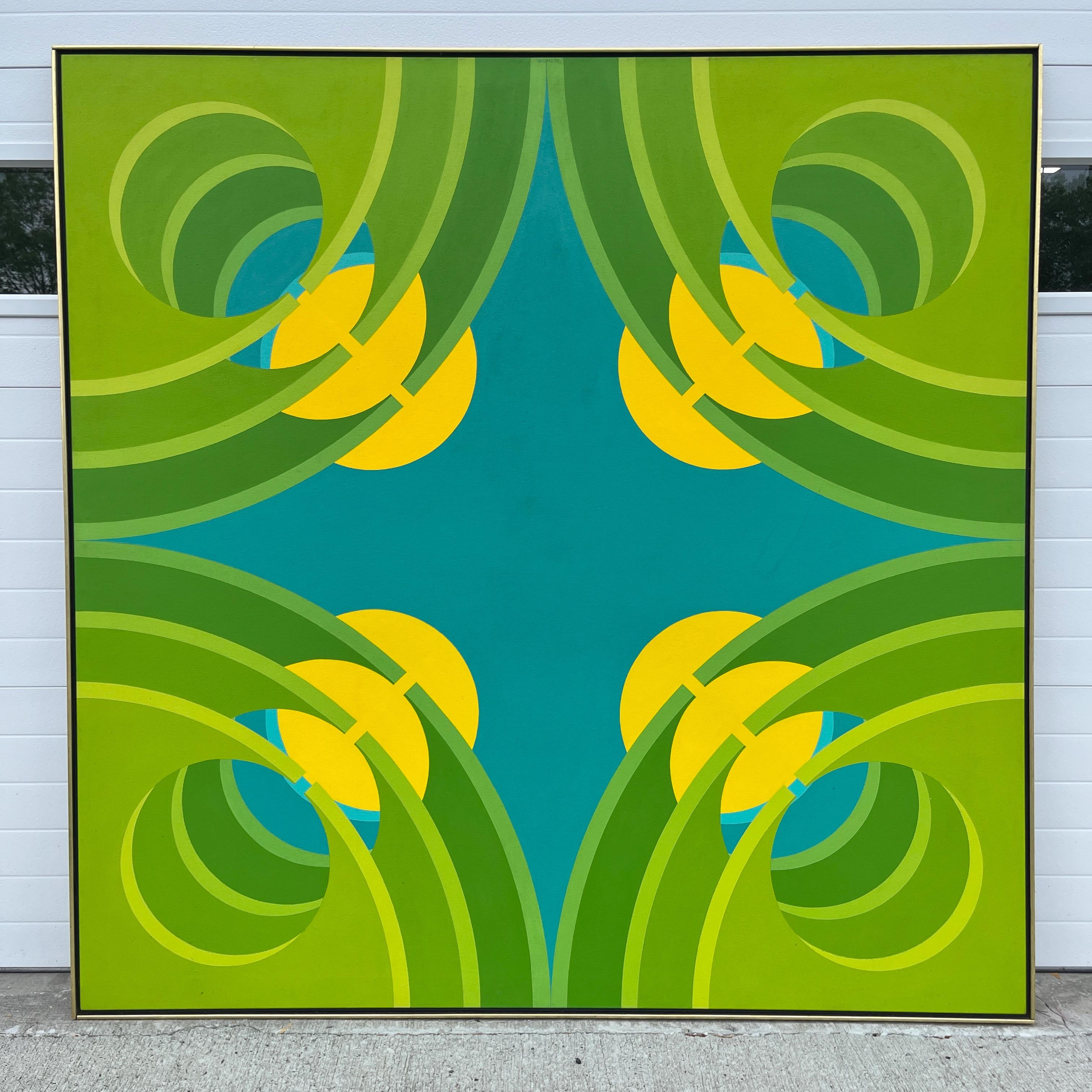Monumental, colorful and very graphic op-art pop art painting dated 1969 (acrylic on fiberboard) by Robert Bidner in a spectrum of greens and yellow.

Robert D. H. Bidner, American, born 1930 Youngstown, Ohio, died 1983 New York. In addition to his