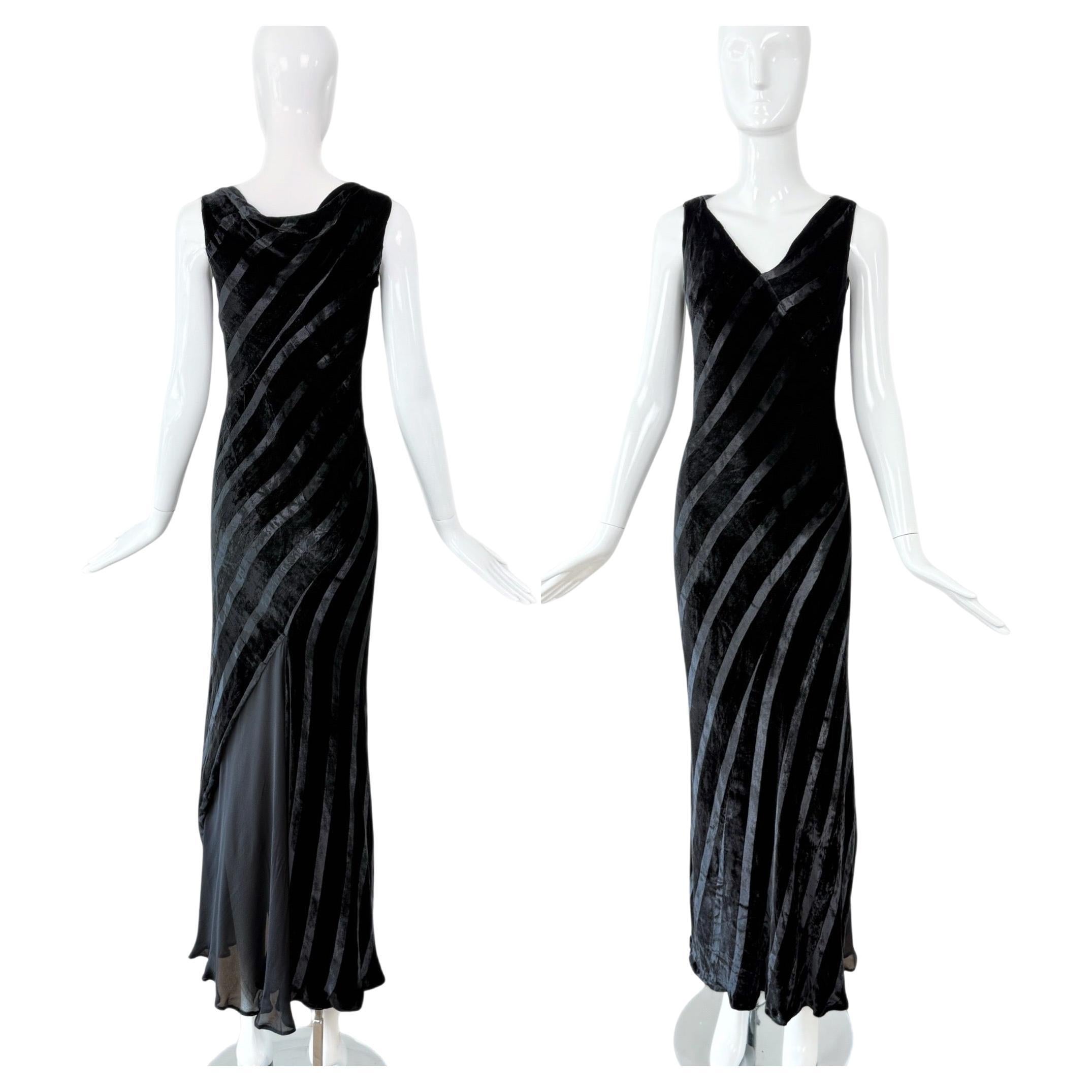 ROBERT DANES Black Velvet Bias Cut Striped Evening Gown