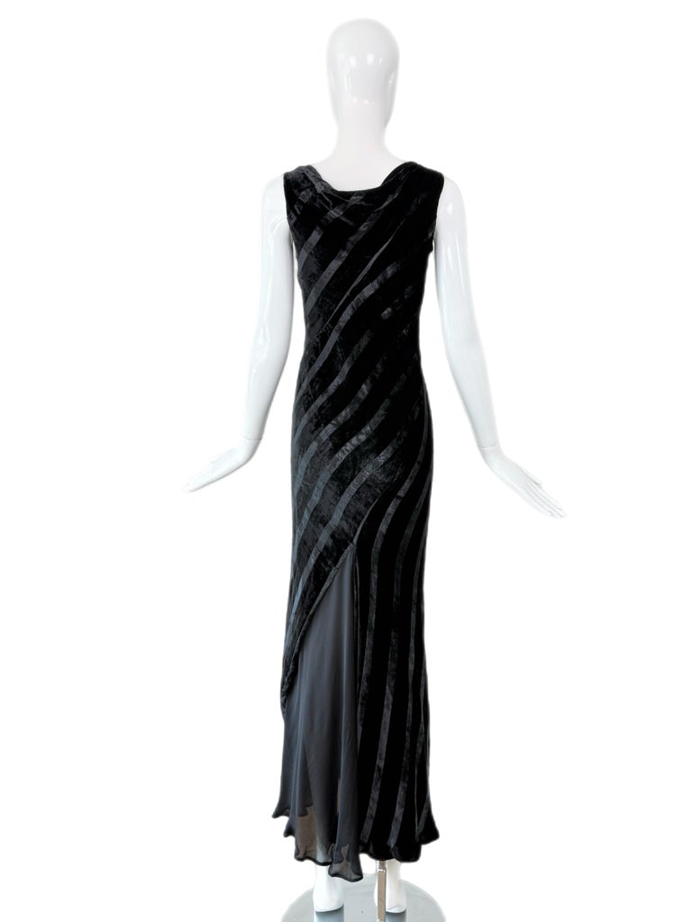 Robert Danes Black Velvet Bias Cut Striped Evening Gown Maxi Dress