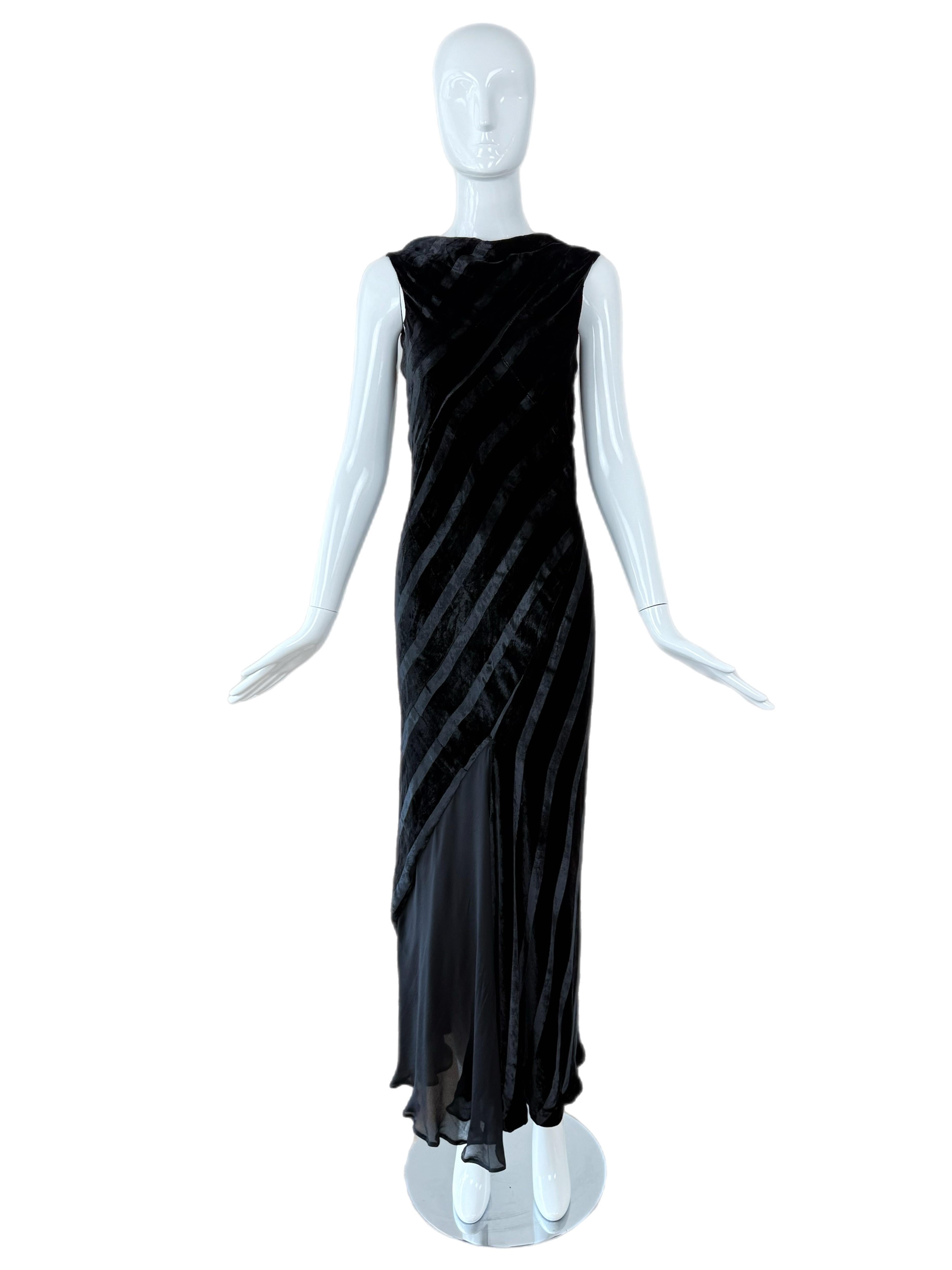 ROBERT DANES Schwarzer Samt Bias Cut Gestreiftes Abendkleid Maxikleid im Angebot 2