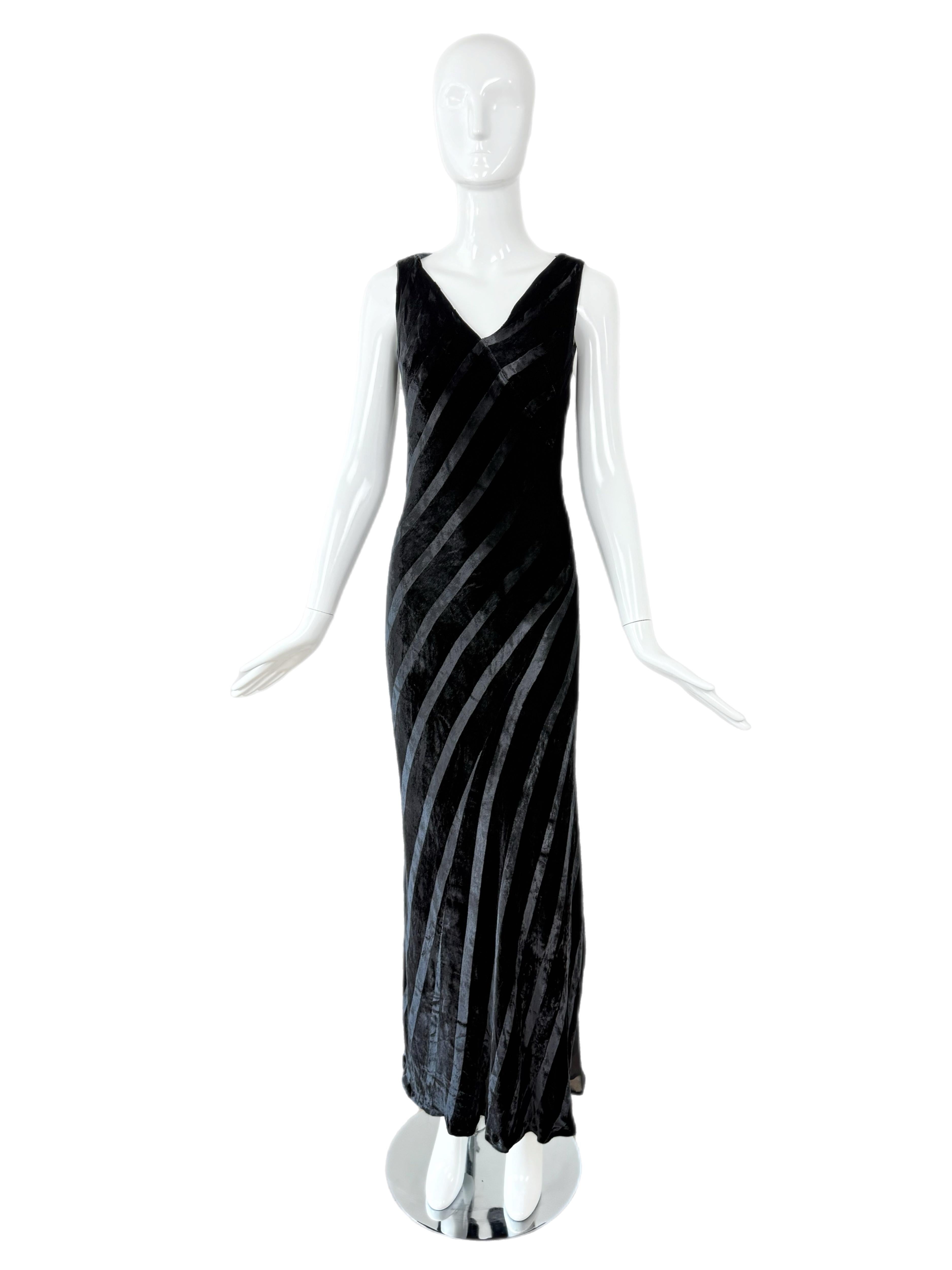 ROBERT DANES Schwarzer Samt Bias Cut Gestreiftes Abendkleid Maxikleid im Angebot 3
