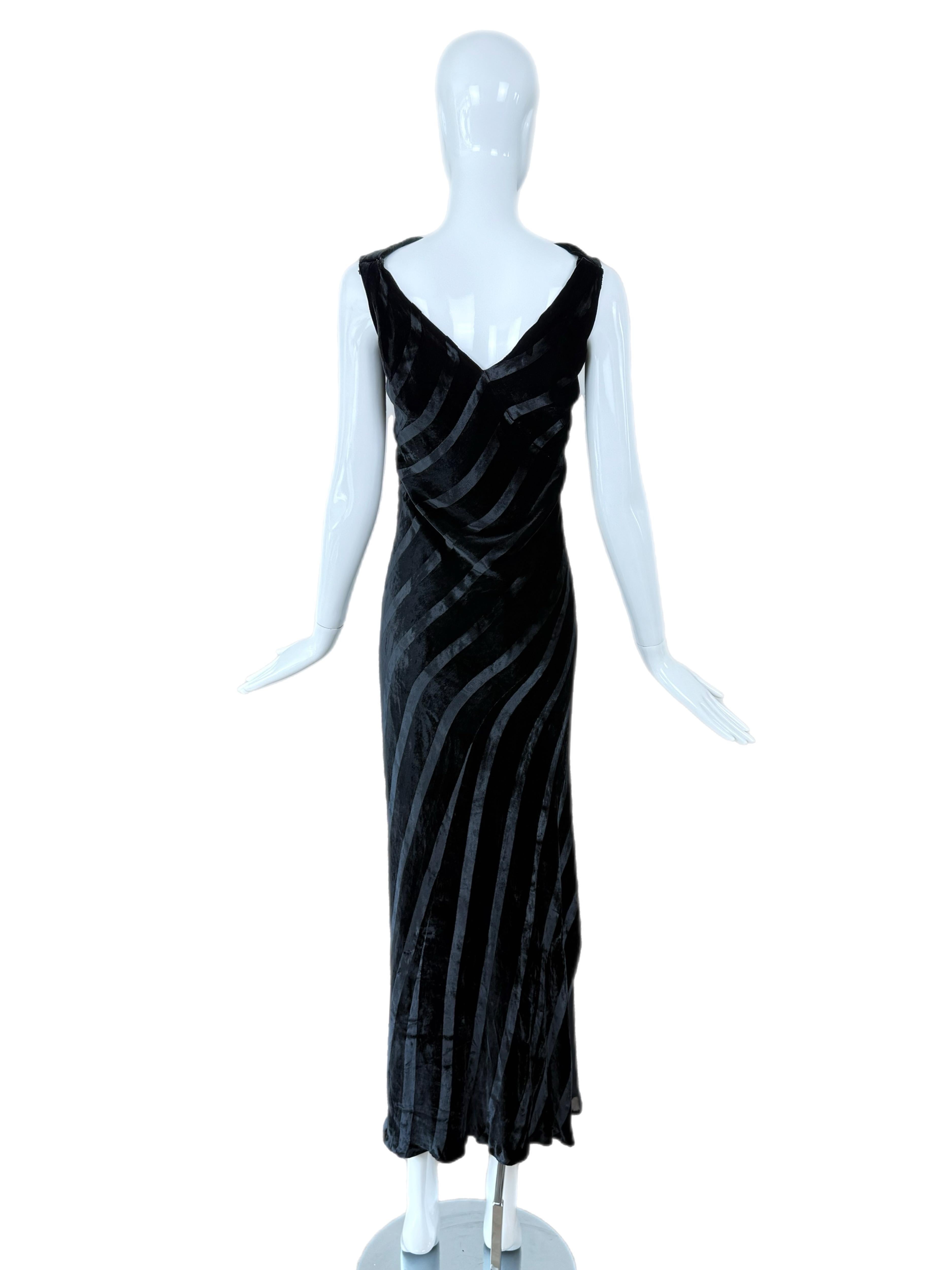 ROBERT DANES Schwarzer Samt Bias Cut Gestreiftes Abendkleid Maxikleid im Angebot 4