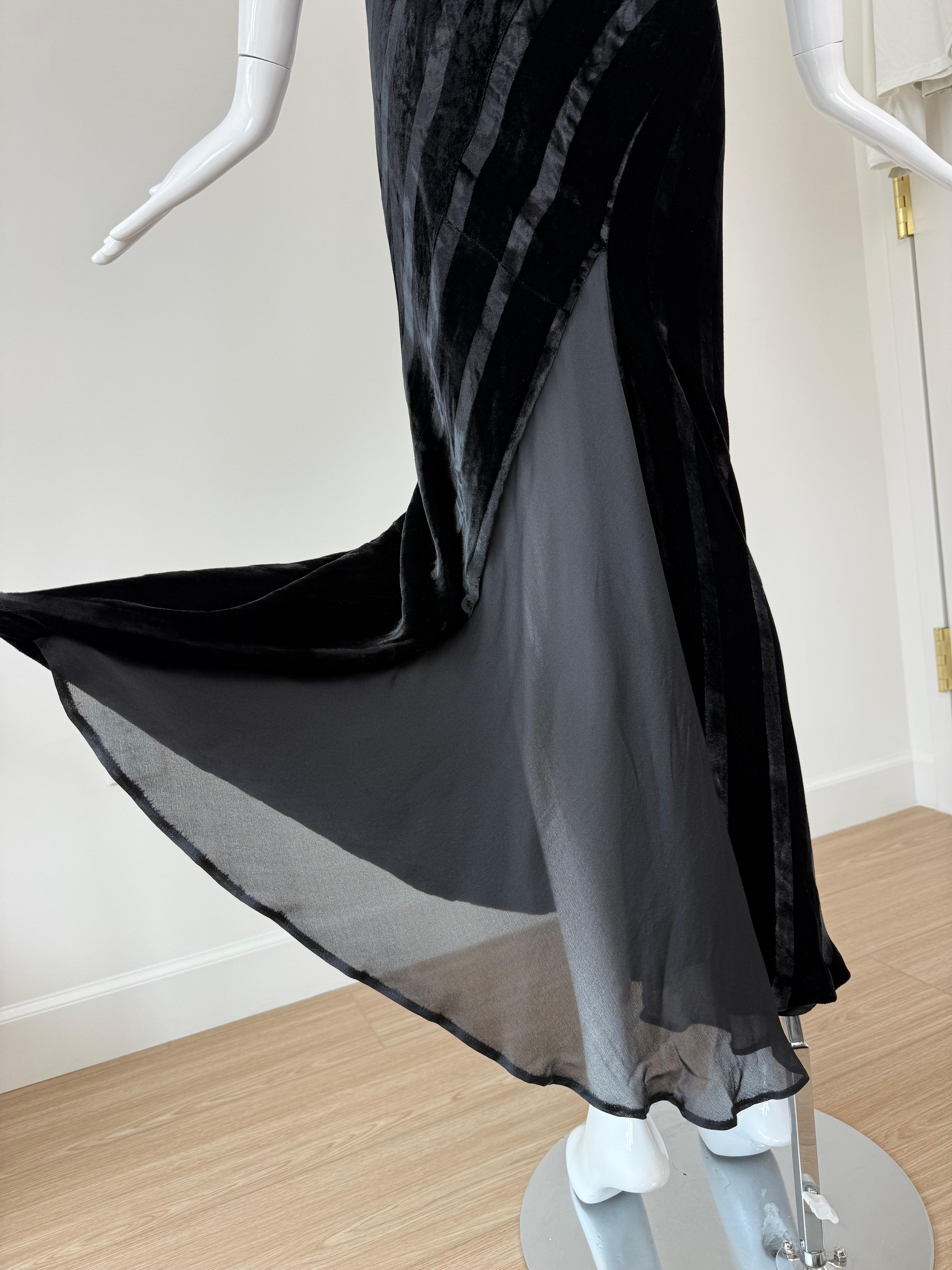 ROBERT DANES Schwarzer Samt Bias Cut Gestreiftes Abendkleid Maxikleid im Angebot 5