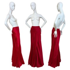 ROBERT DANES Red Liquid Silk Layered Bias Cut Maxi Skirt