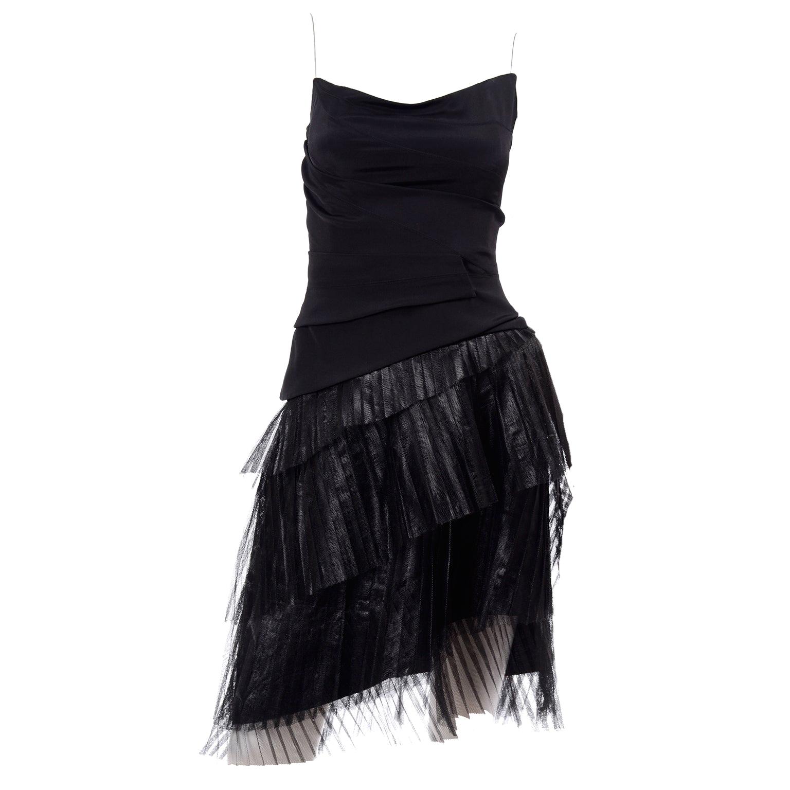 Danes Vintage Black Evening Dress With Asymmetrical Pleated Metallic Tulle Skirt For Sale
